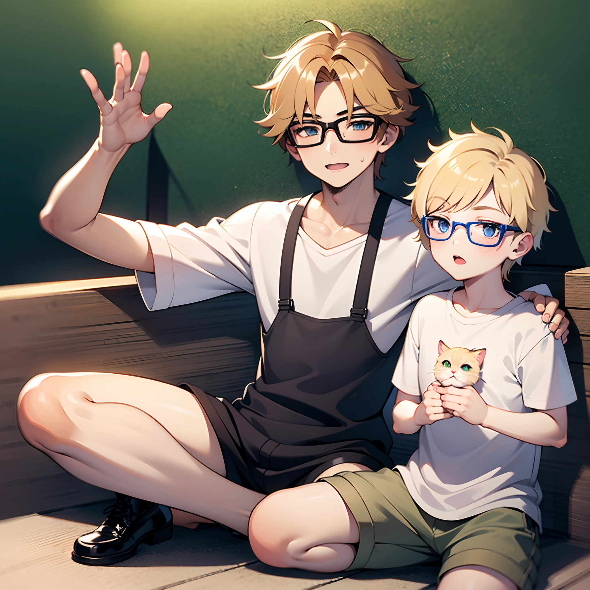  boy, (1boy), femboy, short and blonde curly hair, glasses, white shirt with cat face on it, alluring, shota, attractive, child