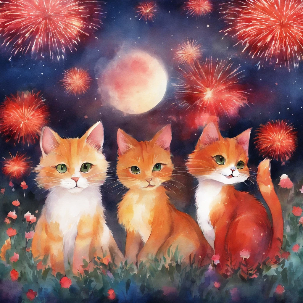 100 cats Watching a fireworks display Fantastic atmosphere Picture book illustrations watercolor paiting Overall, the color is strong red