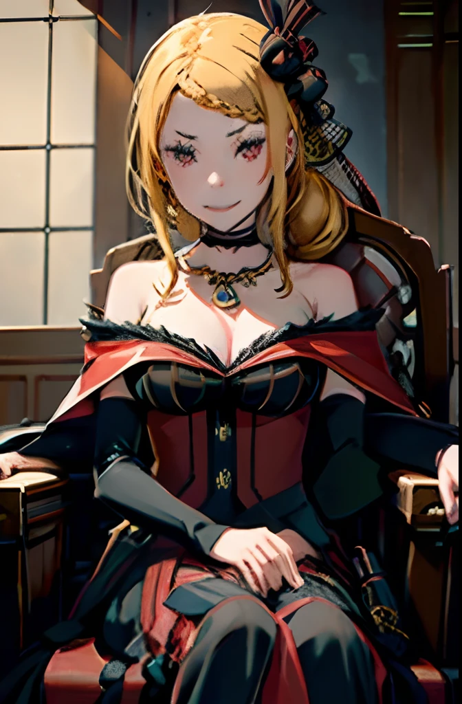 Beautiful, Masterpiece, Best Quality, extremely detailed face, perfect  lighting, 1girl, HMPRIS, hairlong, Braided bangs, low ponytail, hair ornament, Choker, 鎖骨, necklace, cleavage, bare shoulders, Red dress, detached sleeves, black sleeves, Throne Room Background, Seduction Smile, Teeth are visible when smiling, full - body, Right hand, Holding a red fan, sweat on shoulders