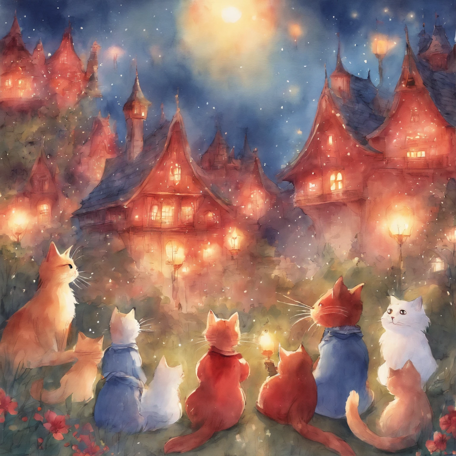 Watching a fireworks display with 100 cats Fantastic atmosphere Picture book illustrations watercolor paiting Overall, the color is strong red
