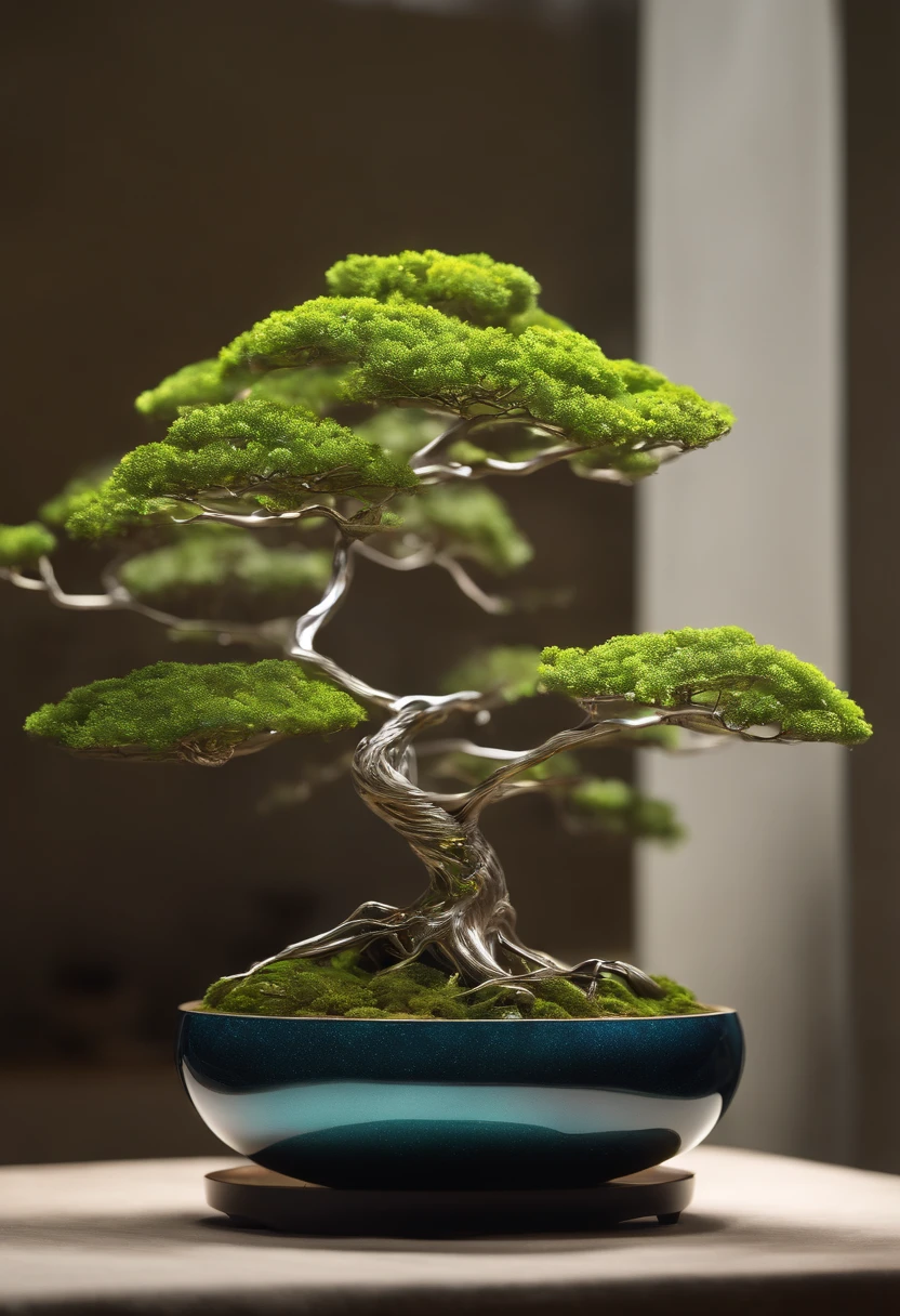 Futuristic Bonsai. Description: Imagine a bonsai tree in a futuristic setting, with a blend of organic and technological elements. Tree: Depict a miniature bonsai tree with sleek metallic branches and glowing bioluminescent leaves. Pot: Showcase an intricately designed pot made of transparent material, with embedded holographic displays showing the tree's vital information.Setting: Place the bonsai in a futuristic living space filled with minimalist furnishings and advanced technology. Lighting: Illuminate the scene with a soft neon glow, highlighting the tree's unique features. Details: Pay attention to the intricate patterns and textures on the metallic branches, as well as the intricate roots extending into the pot. Style: Infuse the artwork with a blend of sleek futuristic design and natural aesthetics, combining elements of technology and tranquility.