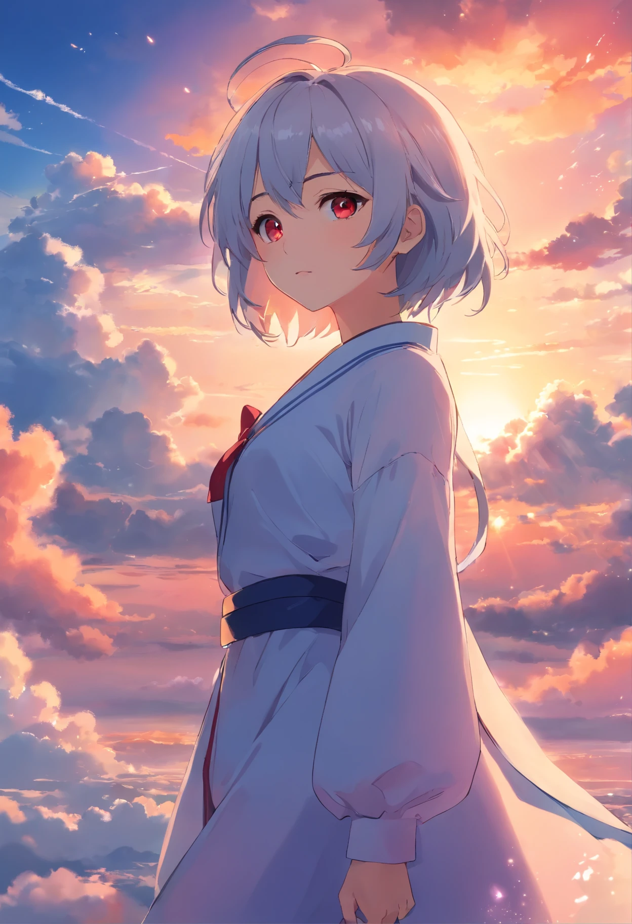 tmasterpiece,best qualtiy,Best picture quality,cinematic Film still from,Background at dusk,Dazzling skies,1girll,15year old,long layered silvery white hair,Fluttering in the air,Dreamy,Scarlet eyes,Cloud Girl,Floating in the sky,Not grounded,closeup cleavage,blushing slightly,is shy,Face to face the audience,Warm and soft lighting,the sunset,(spark of light:0.7)