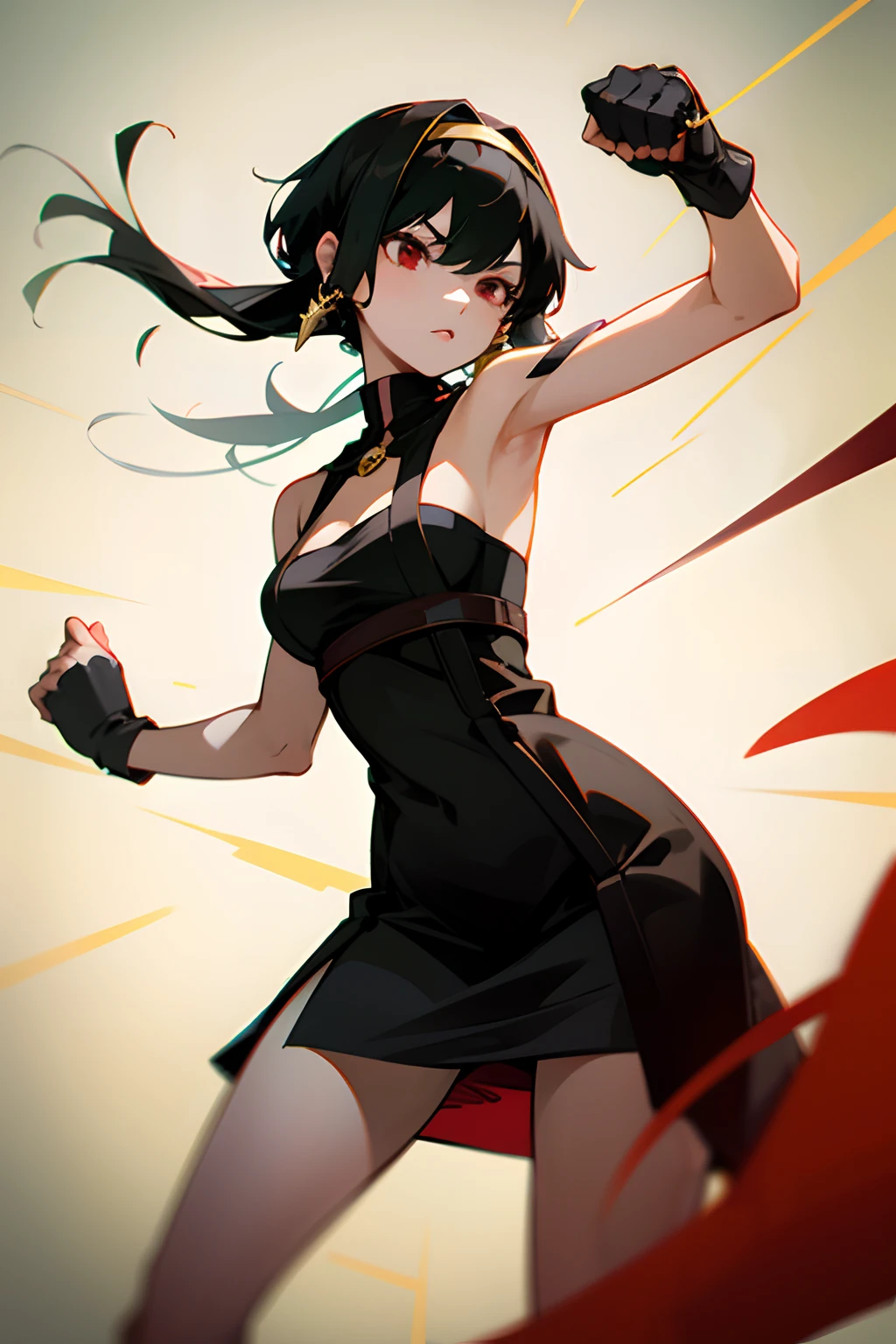 top-quality、​masterpiece、hight resolution、1girl in、Short stature、A slender、Ayolf、Black hair、short hair with long locks、Gold Hair Band、Red Eyes、Black Dress、Gold Earrings、Jewelry、With weapons、Low posture、Fighting、Unleash a kick, arm guards, gloves