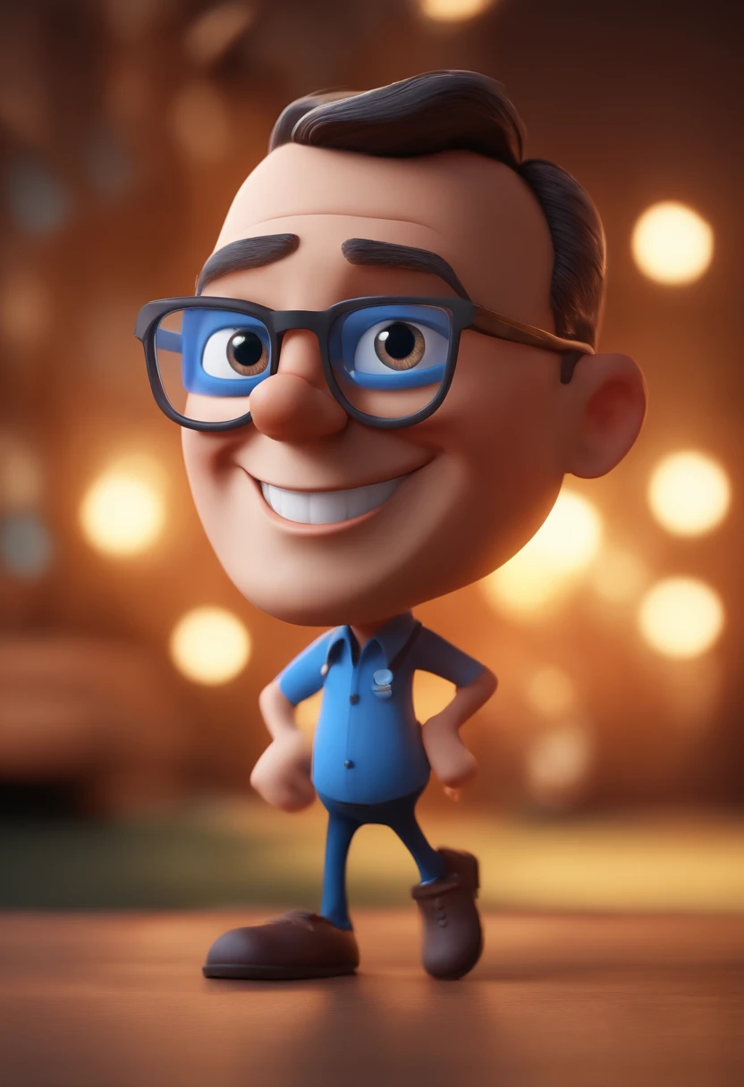 Cartoon character of a man with black glasses and a blue shirt, animation character, Caractere estilizado, animation style rendering, 3D estilizado, Arnold Maya render, 3 d render stylized, toon render keyshot, Personagem 3D, Personagem 3D, 3d rendering stylized, 3 d character render, personagem de desenho animado, Personagem de close up, Pose de personagem, (Estilo Pixar) (master part:1.2) (Bokeh) (best quality) (pele detalhada) (textura detalhada) (8k) (argila) (Cinematic lighting) (foco nítido