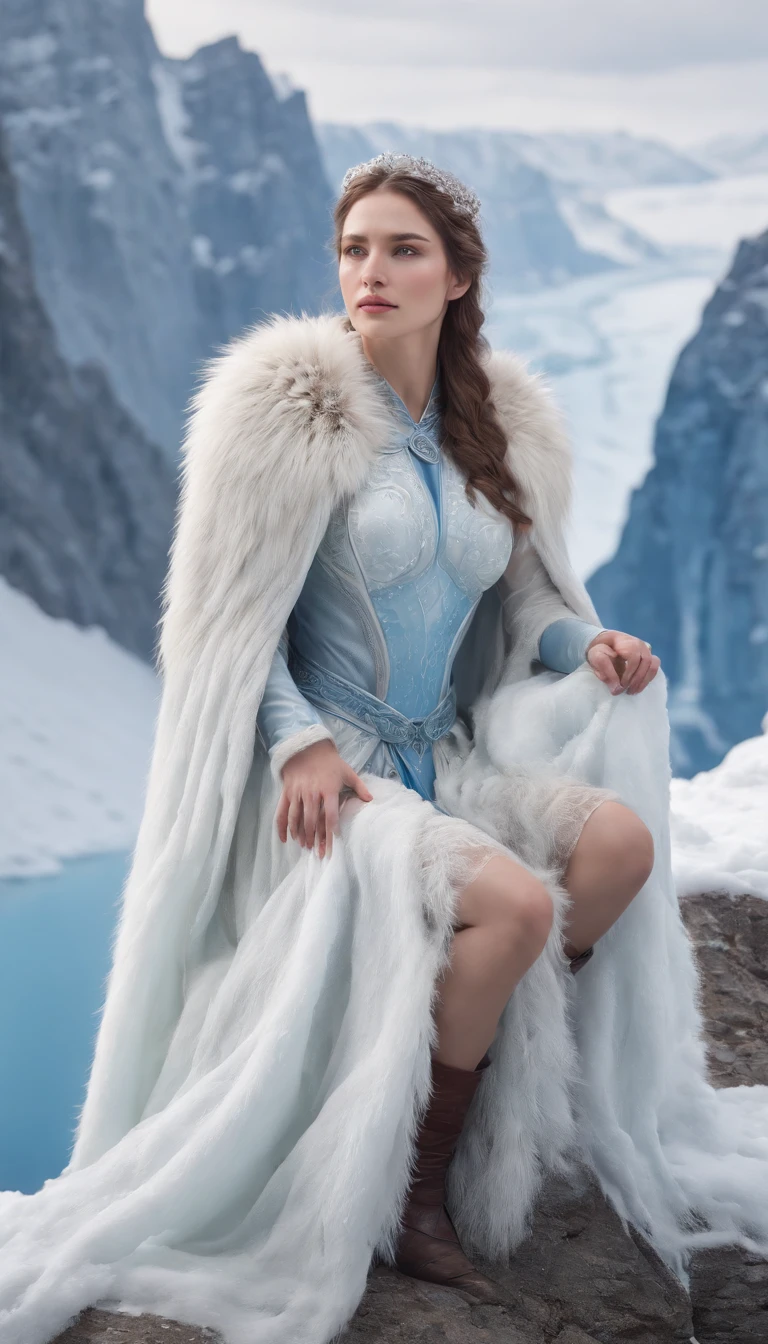 (A cold woman in an ice shooter costume sits on the edge of an ice cliff,Arquero con arco de hielo:1.2),(Pelo rojo: 1.5),(Capucha azul esponjosa,ojos azules,cana,Rostro delicado y hermoso:1.3),Fine and perfect anatomy,dynamicposes,Snowy day,Fantasyart,Hay un lobo blanco a su lado,Antecedentes de los glaciares,Debajo de tus pies hay acantilados de hielo,blanco_Blue gradient rendering,the highest picture quality,high resolusion,Alto detalle,Sombras de objetos,Dynamic light sources,Cloudy days,Screen dimming,tmasterpiece,arte oficial,Diagrama de cuerpo entero,The white wolf lay beside the woman,Detailed hair representation,,Luna River,Tianqingniu,flor,1 girl