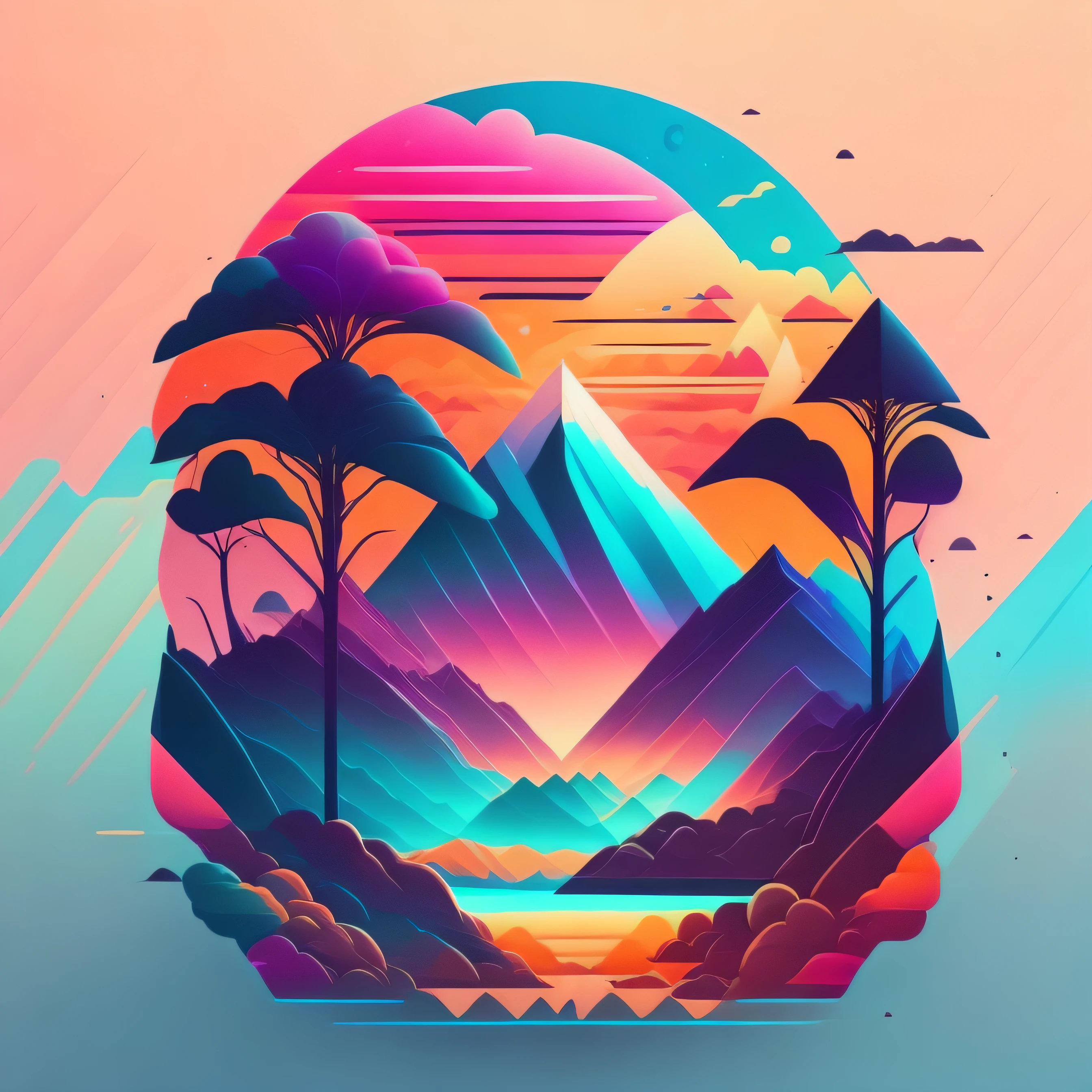 (best quality, highres, vivid colors),(minimalist landscapes,geometric shapes:1.1),(t-shirt design:1.1),(halfway in the journey),(vector art),(colorful gradients),(soft lighting)