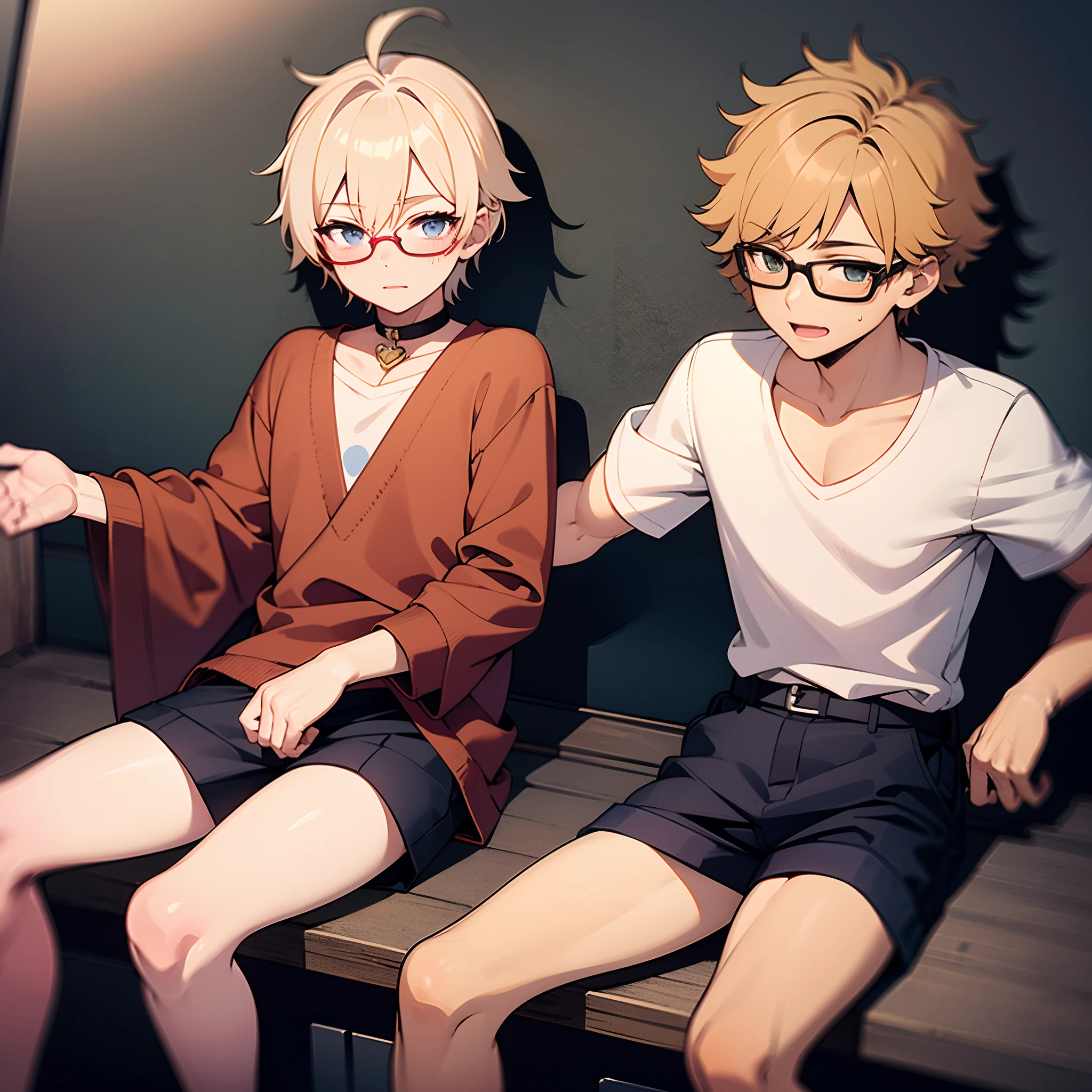 14 year old boy, (1boy), femboy, short and blonde curly hair, glasses, white shirt with cat face on it, alluring, shota, attractive, child