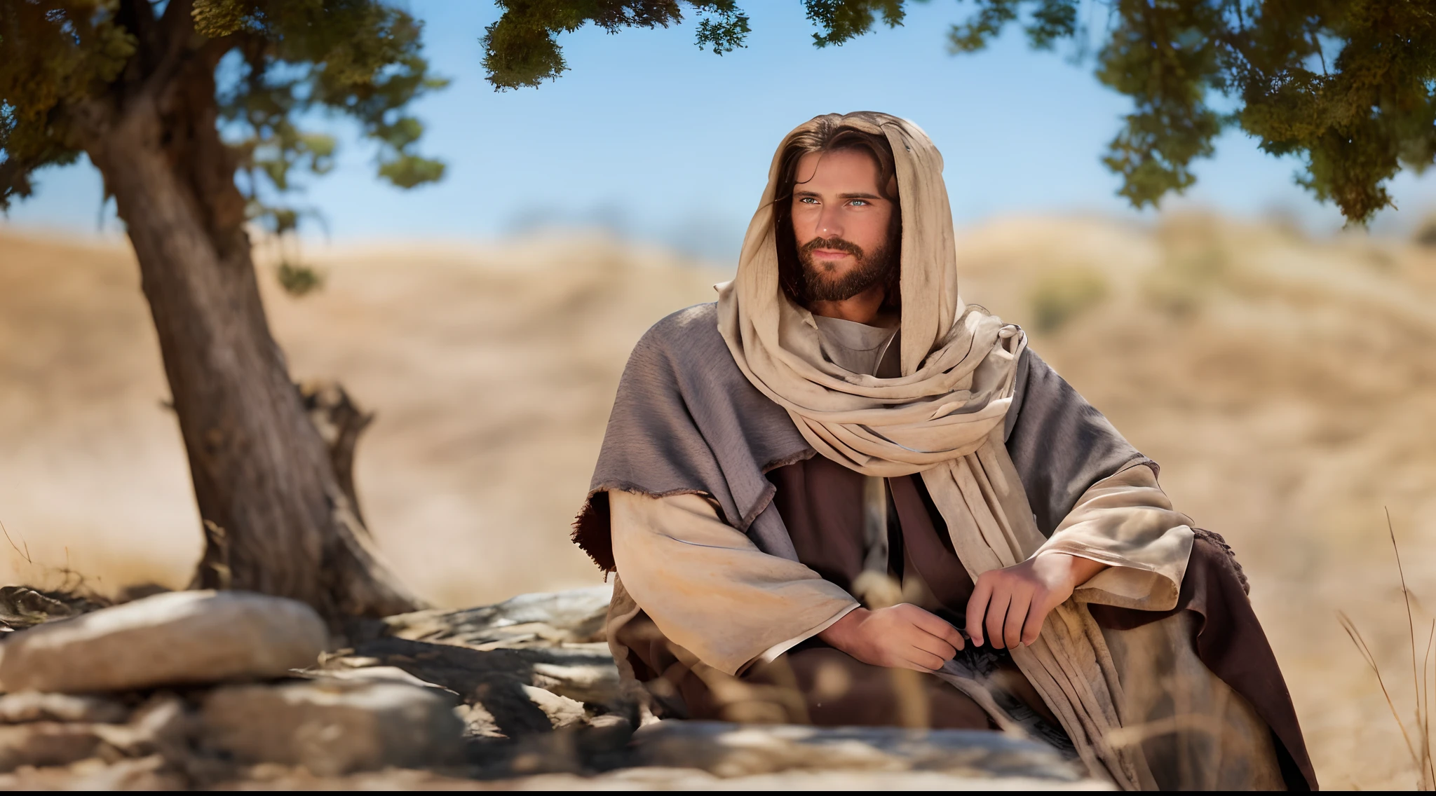 seated (Jesus), centered (Jesus), on a rock, under a tree, a man of tan color, with long hair and beard, green eyes, wearing a long beige tunic, 4k, hdr, detailed, pasty field background, pasty farm field as background, lean body without hair