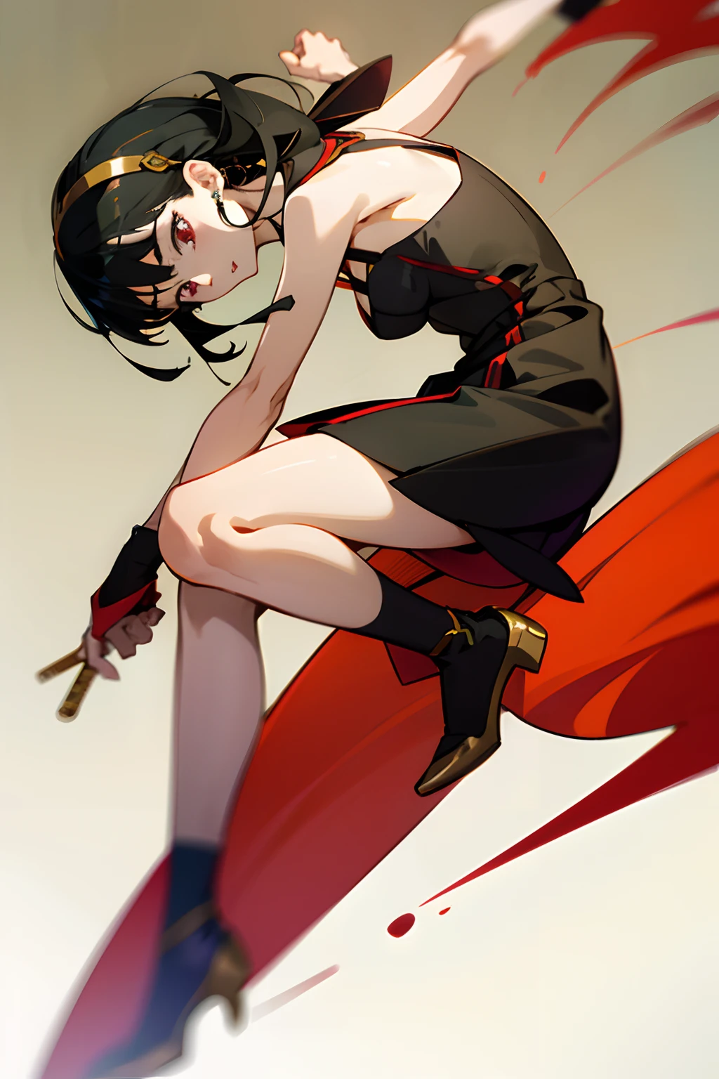 top-quality、masterpiece、hight resolution、1girl in、Short stature、A slender、Ayolf、Black hair、short hair with long locks、Gold Hair Band、Red Eyes、Black Dress、Gold Earrings、Jewelry、With weapons、Low posture、Fighting、Unleash a kick、arm guards