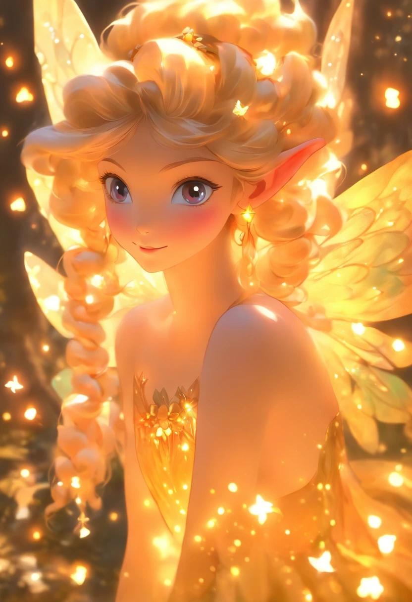 Faerie Princess. Description: Depict a young girl with ethereal features, delicate wings, and flowing golden hair (Golden hair:1.2) adorned with shimmering flowers. Setting: Enchanted forest with glowing mushrooms, sparkling waterfalls, and magical creatures. Role: Show her as the rightful ruler of the faerie realm, radiating grace and power. Details: Capture the intricate patterns of her fairy wings, the iridescent glow of her dress, and the mystical aura surrounding her. Style: Infuse the artwork with a sense of magic, using soft and luminescent colors, and delicate brushstrokes to create an enchanting atmosphere.