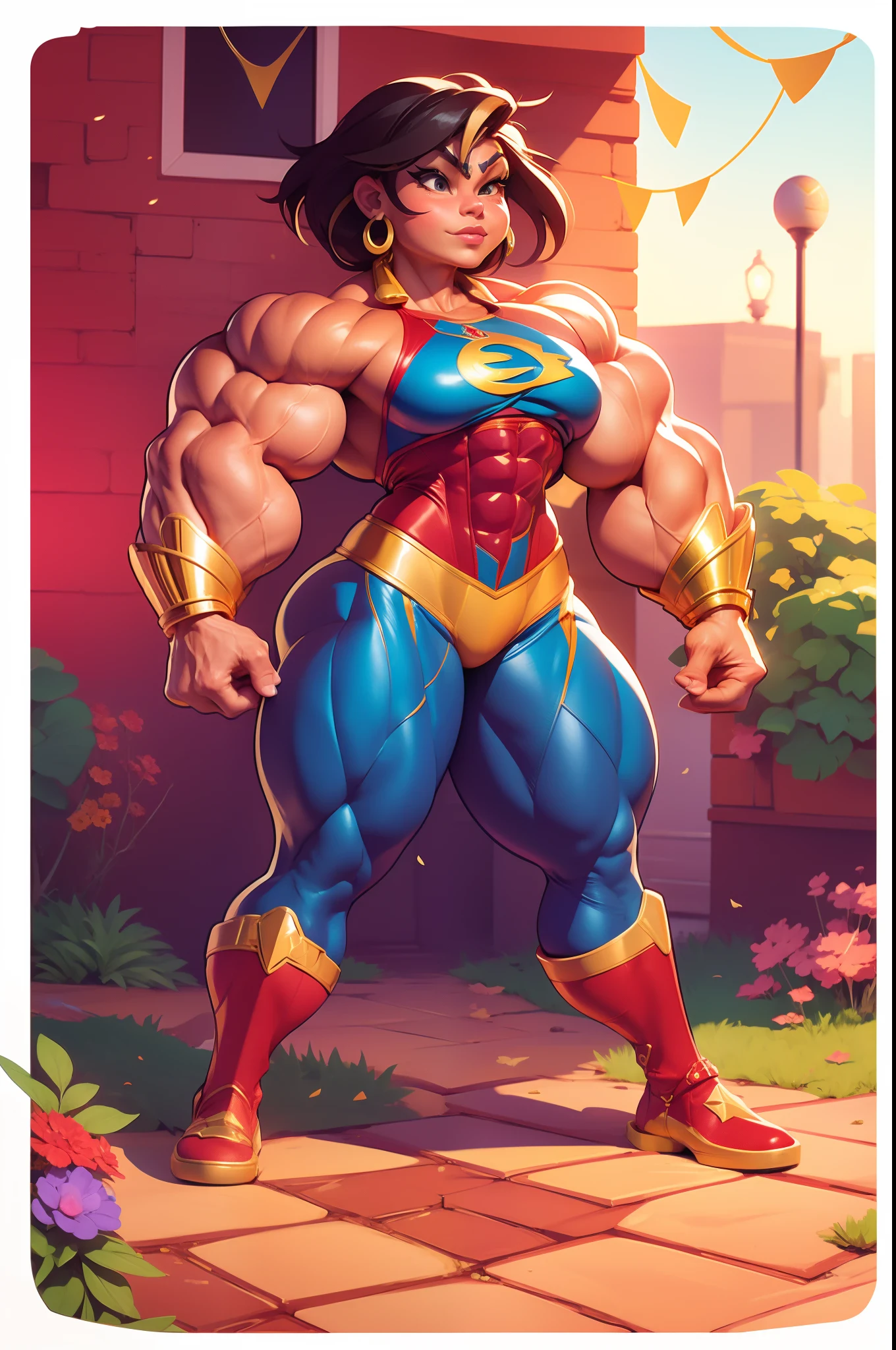 Mexican muscle woman flexing muscles wearing superhero outfit with cape, muscle woman, big muscles, huge muscles, massive muscles, mature woman