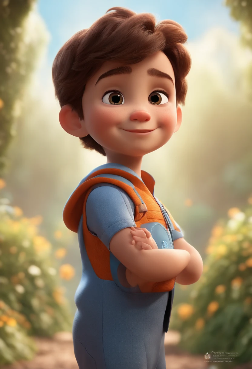 a happy cute kid standing short hair, vestindo uma fantasia espacial, , fundo branco, barnet, toon, estilo pixar, 3d, desenhos animados, rosto detalhado, asymmetrical 16k