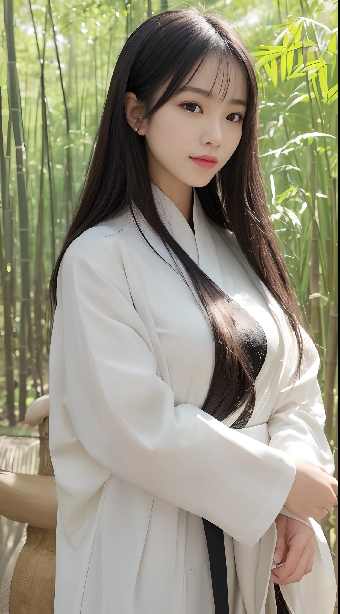 (Best quality,4K,A high resolution,Masterpiece:1.2),Realistic,White Hanfu,Long black hair,Beautiful detailed eyes,beautiful detailed lips,peaceful expression,Gentle smile,Hazy bamboo forest,ssmile,Semi-hidden paths,Dappled sunlight,tranquil ambiance,Traditional Chinese painting style,Vivid colors,Soft lighting