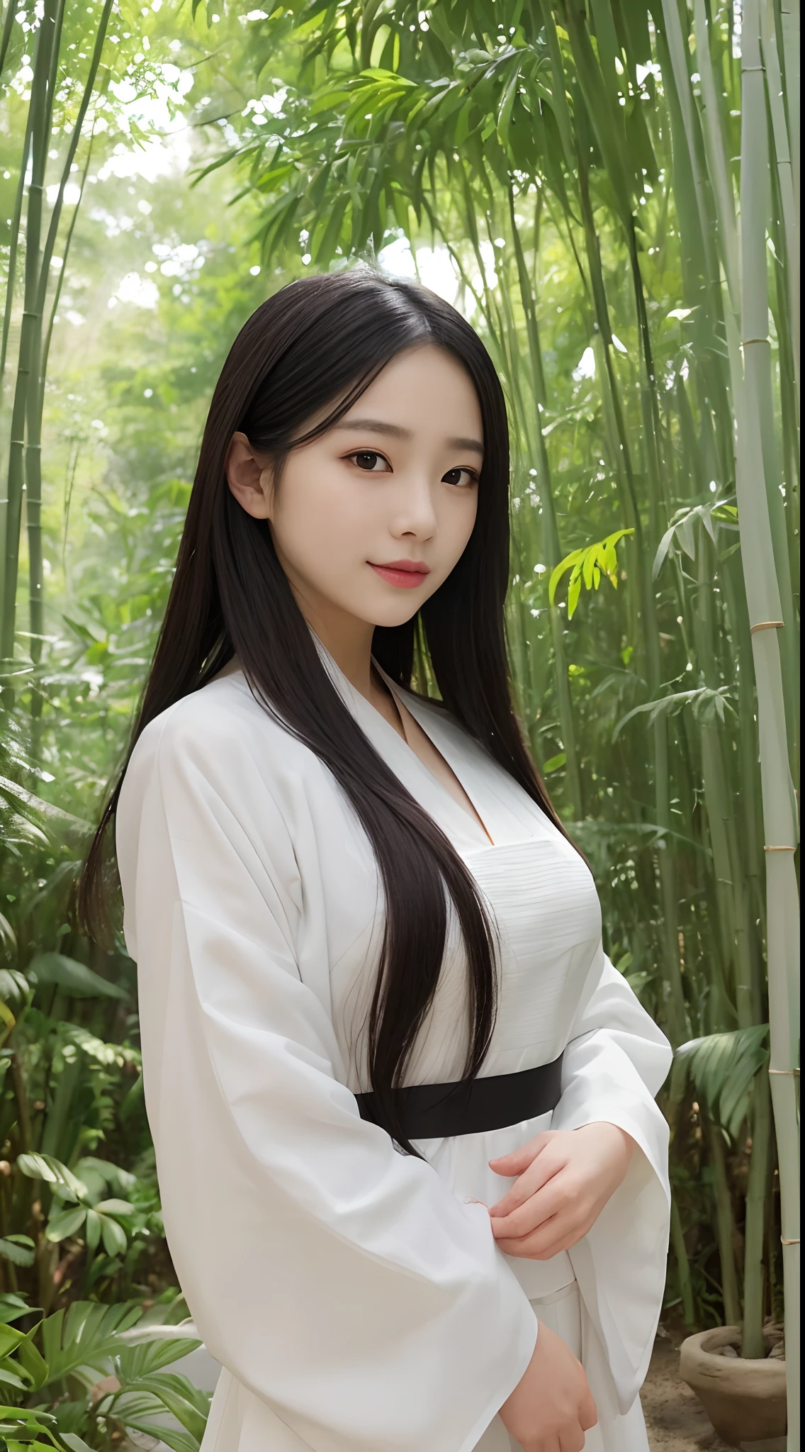 (Best quality,4K,A high resolution,Masterpiece:1.2),Realistic,White Hanfu,Long black hair,Beautiful detailed eyes,beautiful detailed lips,peaceful expression,Gentle smile,Hazy bamboo forest,ssmile,Semi-hidden paths,Dappled sunlight,tranquil ambiance,Traditional Chinese painting style,Vivid colors,Soft lighting
