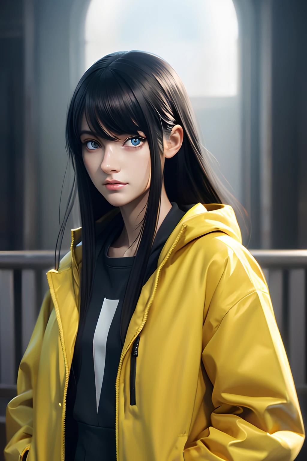 girl with, Yellow jacket, Hands in pockets, Staring at others, Long Black Hair, Heterochromic eyes, Heterochromic eyes, Iris heterochromic pupil, 8K resolution, Very detailed, Anatomically correct, Digital Painting, Concept art, Shinkai Makoto style, Clear picture,
