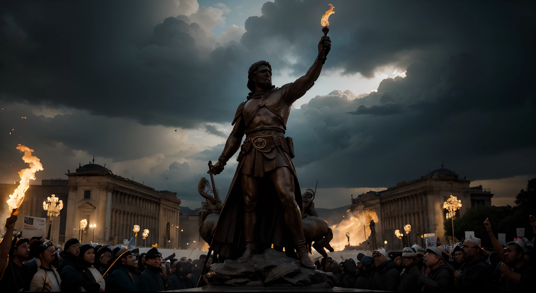 La mejor calidad,4k,8k,Altas Resoluciones,Obra maestra:1.2,Ultra detallado,realista:1.37,escultura de Marco Aurelio,impasible,stern expression,rasgos faciales fuertes,Presencia imponente,Estatua de bronce,Armadura protectora,postura desafiante,Multitud rugiente,Manifestantes furiosos,Antorchas encendidas,Escombros voladores,chaotic scene,Estatua de pie,Unwavering determination,Aura majestuosa,Contraste sorprendente,Ambiente oscuro y arenoso,Dramatic lighting,nubes ominosas,dynamic composition,vivid colors,Gran escala,Obra monumental,Eternal Symbol of Leadership,Anunciando fuerza y resiliencia
