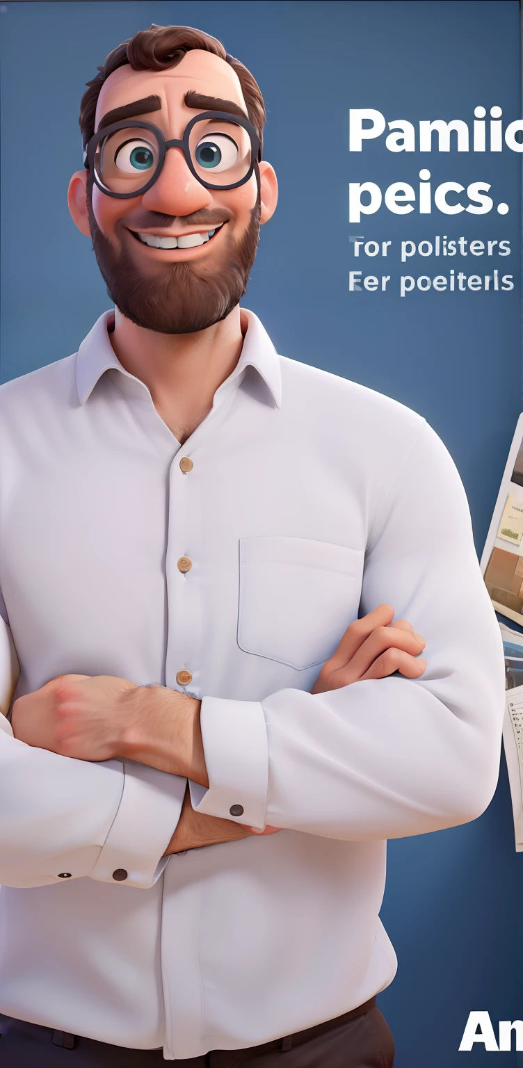 inspirado na Disney Pixar, UM HOMEM , 42 anos, cabelo curto e barba curta, oculos quadrado, e com os olhos alinhados para frente. He is a graphic designer.
The scene should follow the art style of Pixar animations... Focusing on the character's expressions, cores vibrantes, texturas detalhadas. o fundo da imagem deve conter um fundo de politica