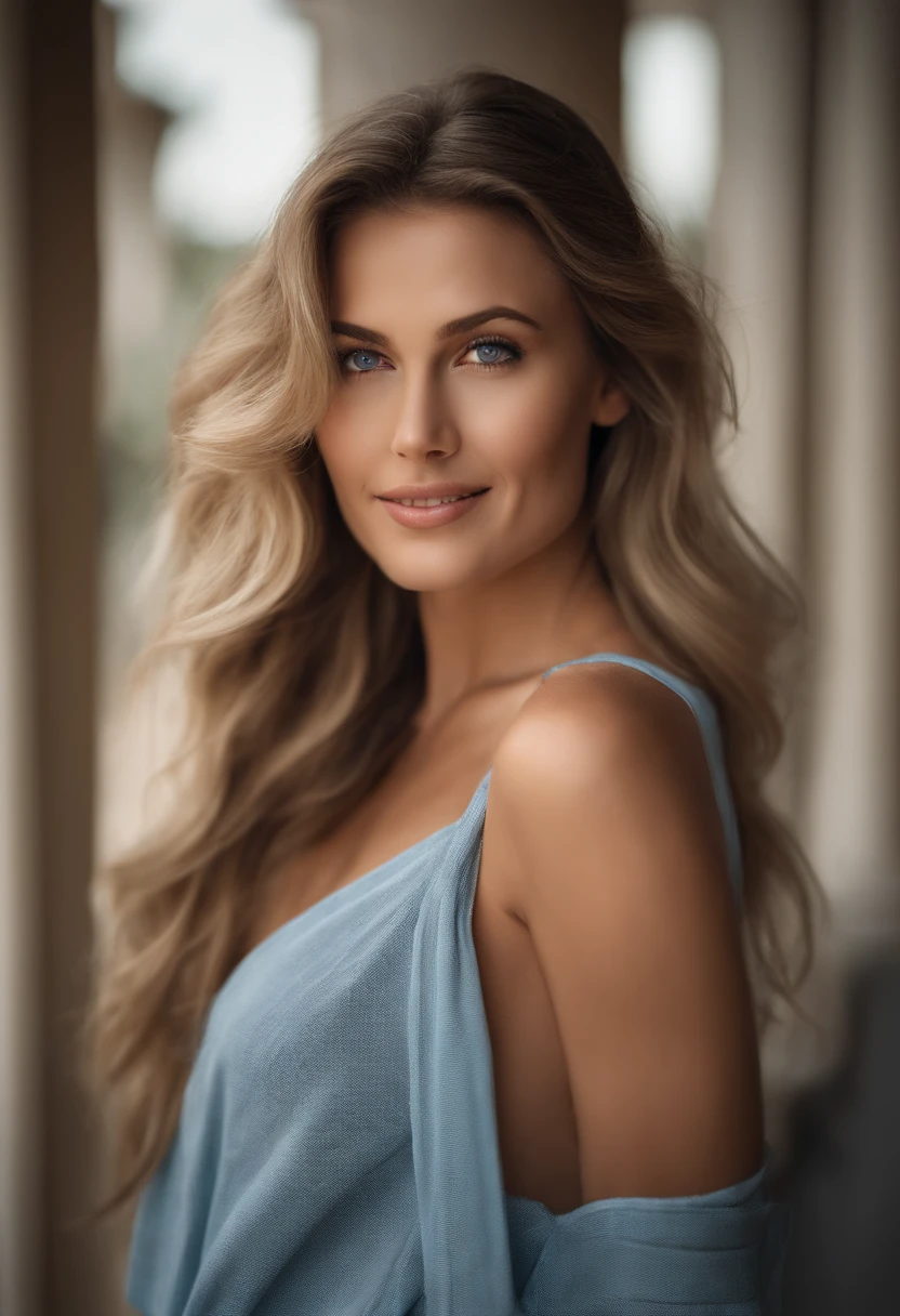 Sanftes Licht im Kino beleuchtet ein atemberaubend detailliertes und ultrarealistisches, beautiful greek supermodel, Strand-Optik, langes, unordentliches, windiges, dunkelblondes Haar, klare blaue Augen, Captivating perfect smile, sinnlich, Hot Wife, splendid, die auf ArtStation im Trend liegt. Octane ist das perfekte Werkzeug, um die weichsten Details dieses Meisterwerks der 16k-Fotografie einzufangen. full entire body.