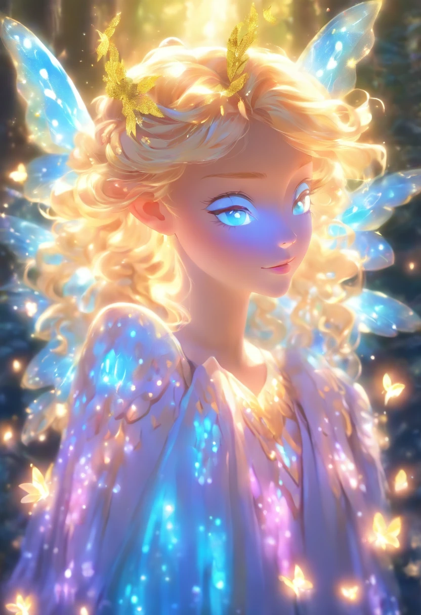Faerie Princess. Description: Depict a mature adult girl with ethereal features, delicate wings, and flowing golden hair (Golden hair:1.2) adorned with shimmering flowers. Setting: Enchanted forest with glowing mushrooms, sparkling waterfalls, and magical creatures. Role: Show her as the rightful ruler of the faerie realm, radiating grace and power. Details: Capture the intricate patterns of her fairy wings, the iridescent glow of her dress, and the mystical aura surrounding her. Style: Infuse the artwork with a sense of magic, using soft and luminescent colors, and delicate brushstrokes to create an enchanting atmosphere.