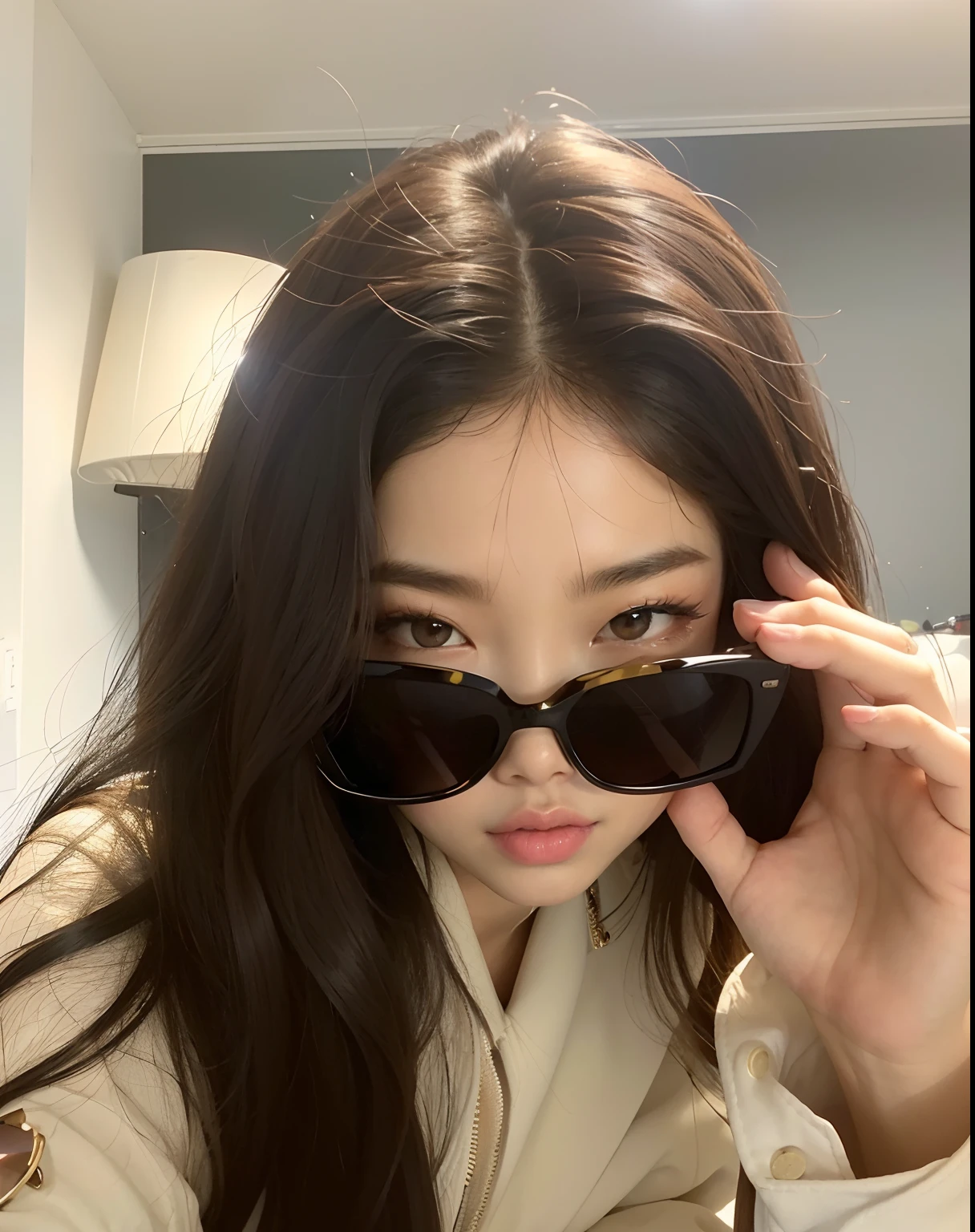 there is a woman that is holding up some sunglasses, jennie blackpink, with sun glasses, Ulzzang, with sunglasses, Jinyoung Canela, Jisoo do Blackpink, Heonhwa Choe, jisoo do blackpink, with dark brown sunglasses, jossi do blackpink, wearing cool sunglasses, Bae Suzy, in sunglasses, Lee Ji-eun, Lee Ji - Eun, wearing sunglasses