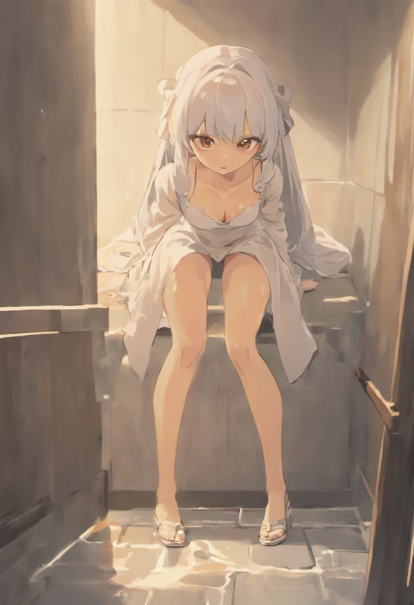 3 nun (in white panties peeing on the floor), Can of water on the floor, babando, Rezando, na cama, Candles and water on the ground, cabelo longo, cruz grande no colo, meia branca, Sem sapato, Praying with rosary on the floor, Anime style in high resolution