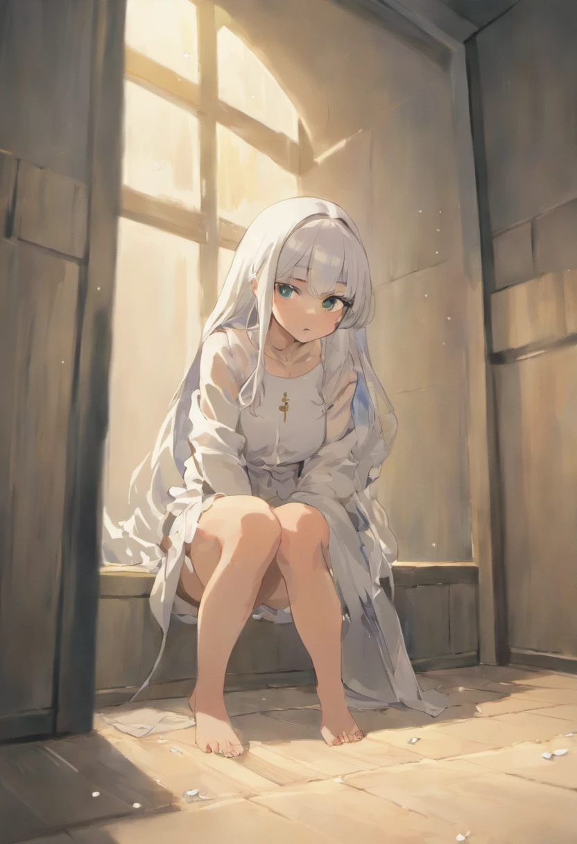 3 nun (in white panties peeing on the floor), Can of water on the floor, babando, Rezando, na cama, Candles and water on the ground, cabelo longo, cruz grande no colo, meia branca, Sem sapato, Praying with rosary on the floor, Anime style in high resolution