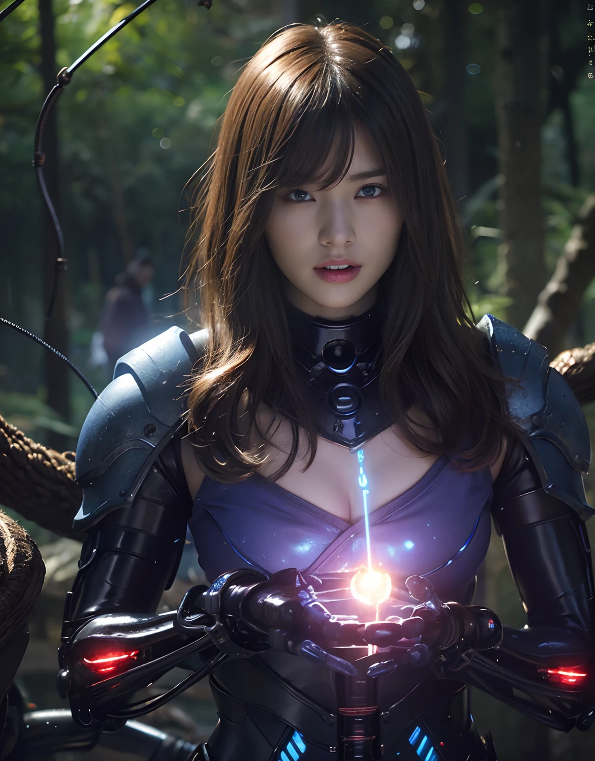 (1 Mechanical Girl)、top-quality、​masterpiece、超A high resolution、(Photorealsitic:1.4)、Raw photo、女の子1人、Fight mutants、glowy skin、(((1 Mechanical Girl)))、With a beautiful knife、（Red Metal Bodysuit）、(Fight goblings、ogre、Fierce battle with orcs),（Fight fiercely against aliens）、Fight fiercely、(beautiful forest background)、(Fighting Demonic Beasts)、(Small LED)、((super realistic details))、portlate、(Strong giant demon beast background),globalillumination、Shadow、octan render、8K、ultrasharp、Colossal tits、Raw skin is exposed in cleavage、metals、Details of complex ornaments、Japan details、highly intricate detail、Realistic light、(Mystical expression),CGSoation Trends、Blue eyes、radiant eyes、Facing the camera、neon details、(Mechanical limbs)、(blood vessels connected to tubes)、(Wires and cables connecting to the head)、Small LED、,Mechanical thighs、Toostock、（Hands are also made of machines）、（Attack of the Monster Beasts）、