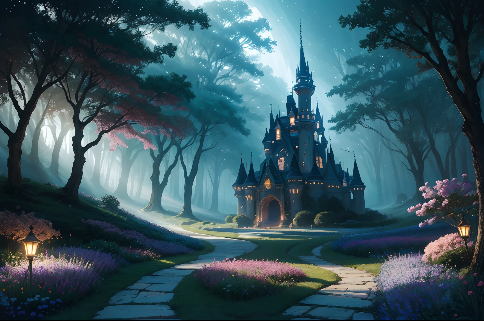 A dreamy landscape with glowing flowers, creating an ethereal atmosphere. The scene is illuminated by mystical lighting, which enhances the vibrancy of the colors. There are surreal and abstract elements scattered throughout the landscape, adding an element of intrigue and mystery. In the midst of this magical setting, there are also enchanting and magical creatures, further enhancing the dreamlike quality of the scene.