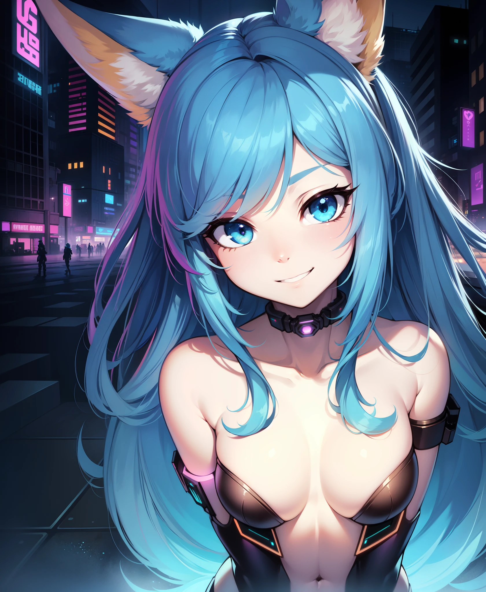 (cyberpunk style:1.2), (Anime, cute), (fluffy anthro furry:1), Fennec, (very long curly blue hair, woman, detailed face), (small breasts:1) , pose, grin BREAK cityscape, masterpiece, best quality, subsurface scattering, absurd res, soft lighting, countershading, detailed background, in the style of [Ashley Wood|Alex Maleew]