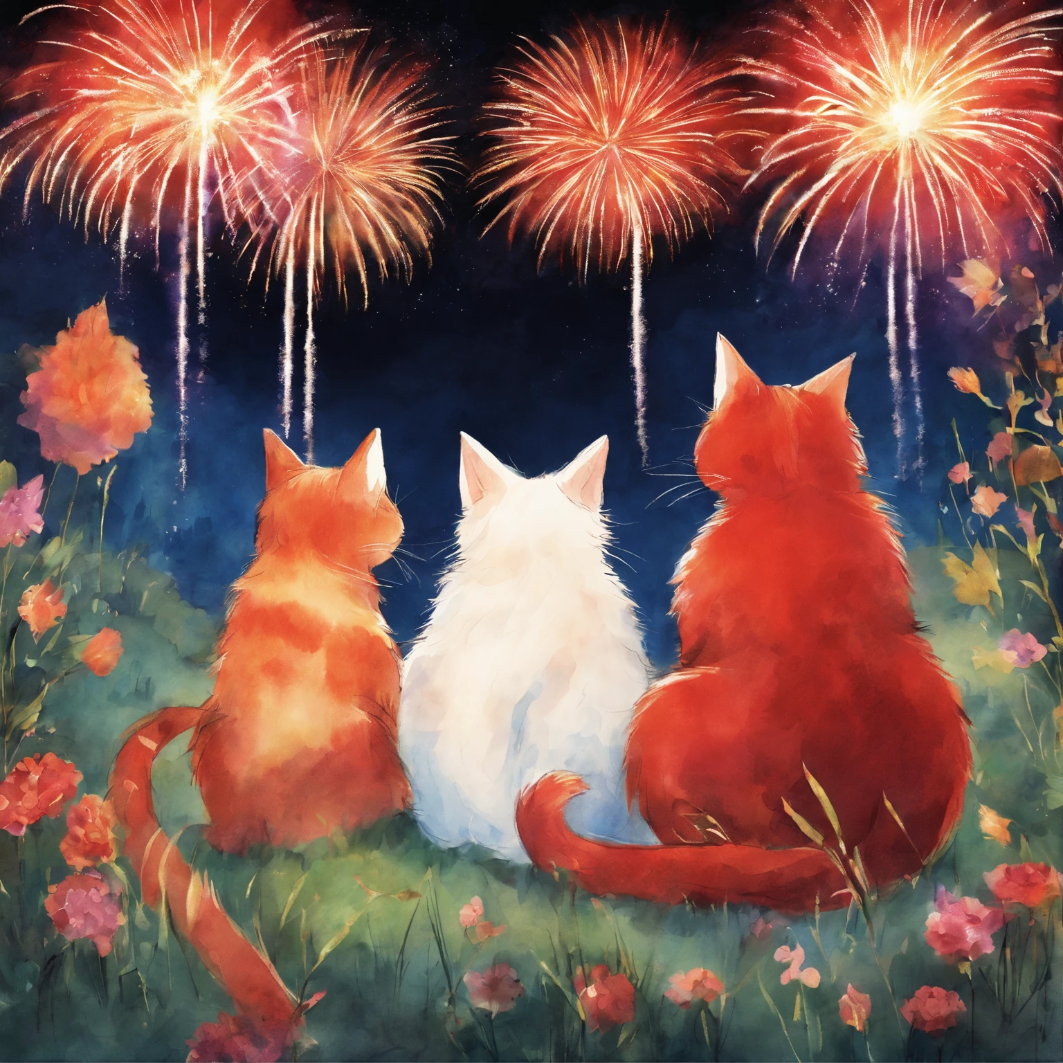 100 cats Watching a fireworks display Fantastic atmosphere Picture book illustrations watercolor paiting Overall, the color is strong red