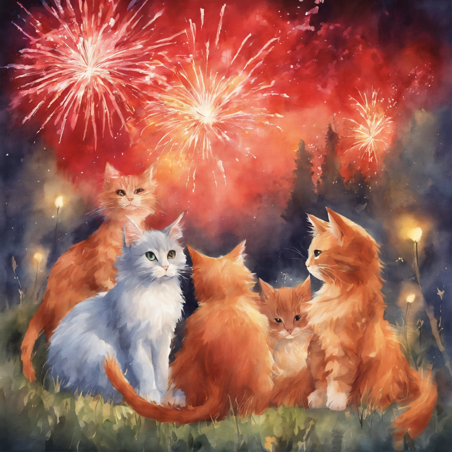 100 cats Watching a fireworks display Fantastic atmosphere Picture book illustrations watercolor paiting Overall, the color is strong red