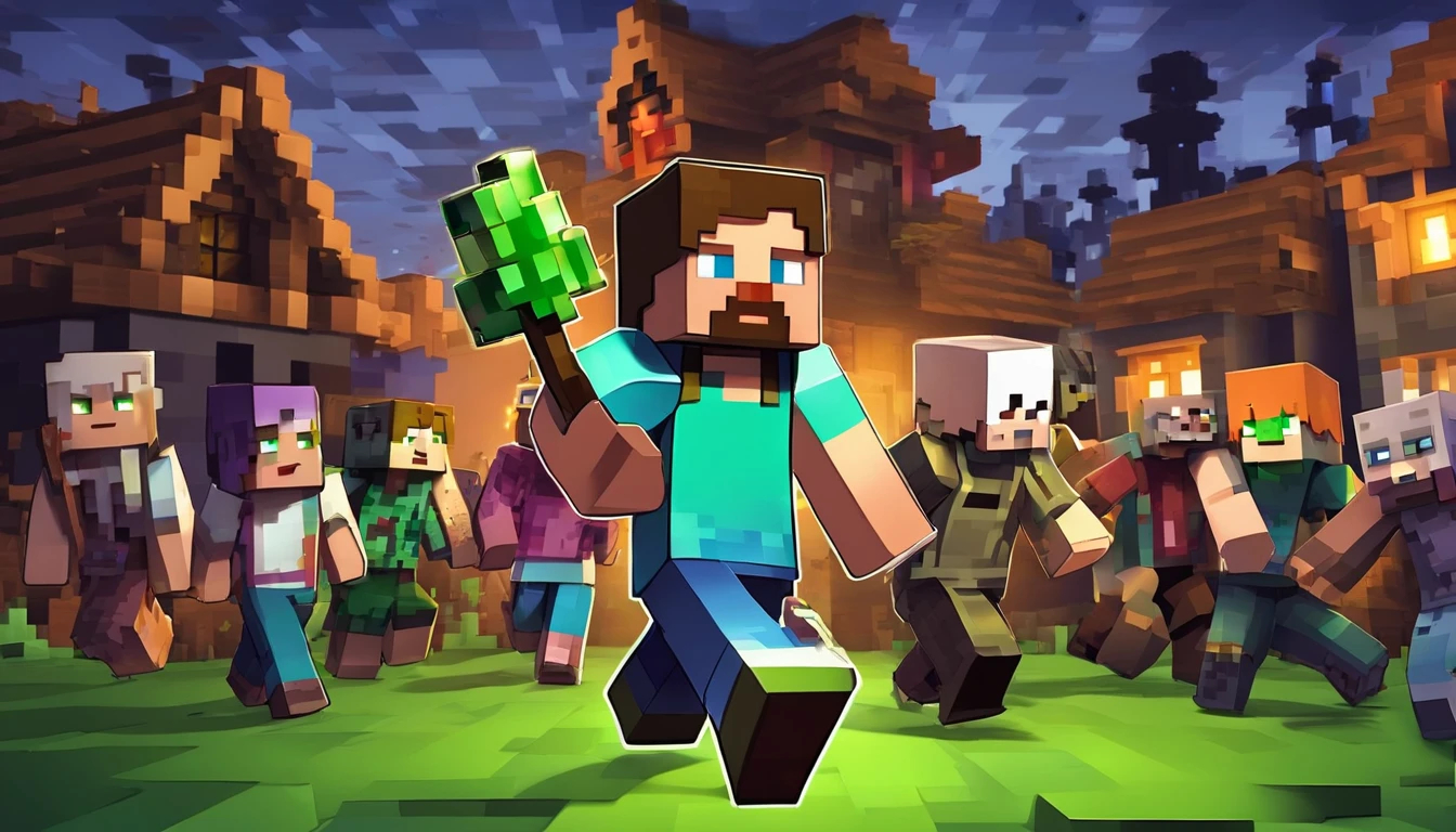 make me a Minecraft girl character with a panicked face with white skin running from a lot of zombies, the zombie has green skin with a scary face and is chasing the woman in the background of the village situation time at night