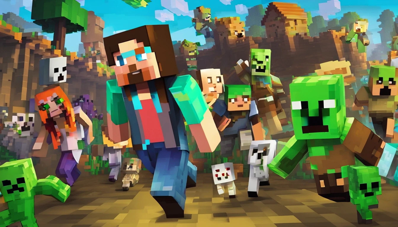 make me a Minecraft girl character with a panicked face with white skin running from a lot of zombies, the zombie has green skin with a scary face and is chasing the woman in the background of the village situation time at night