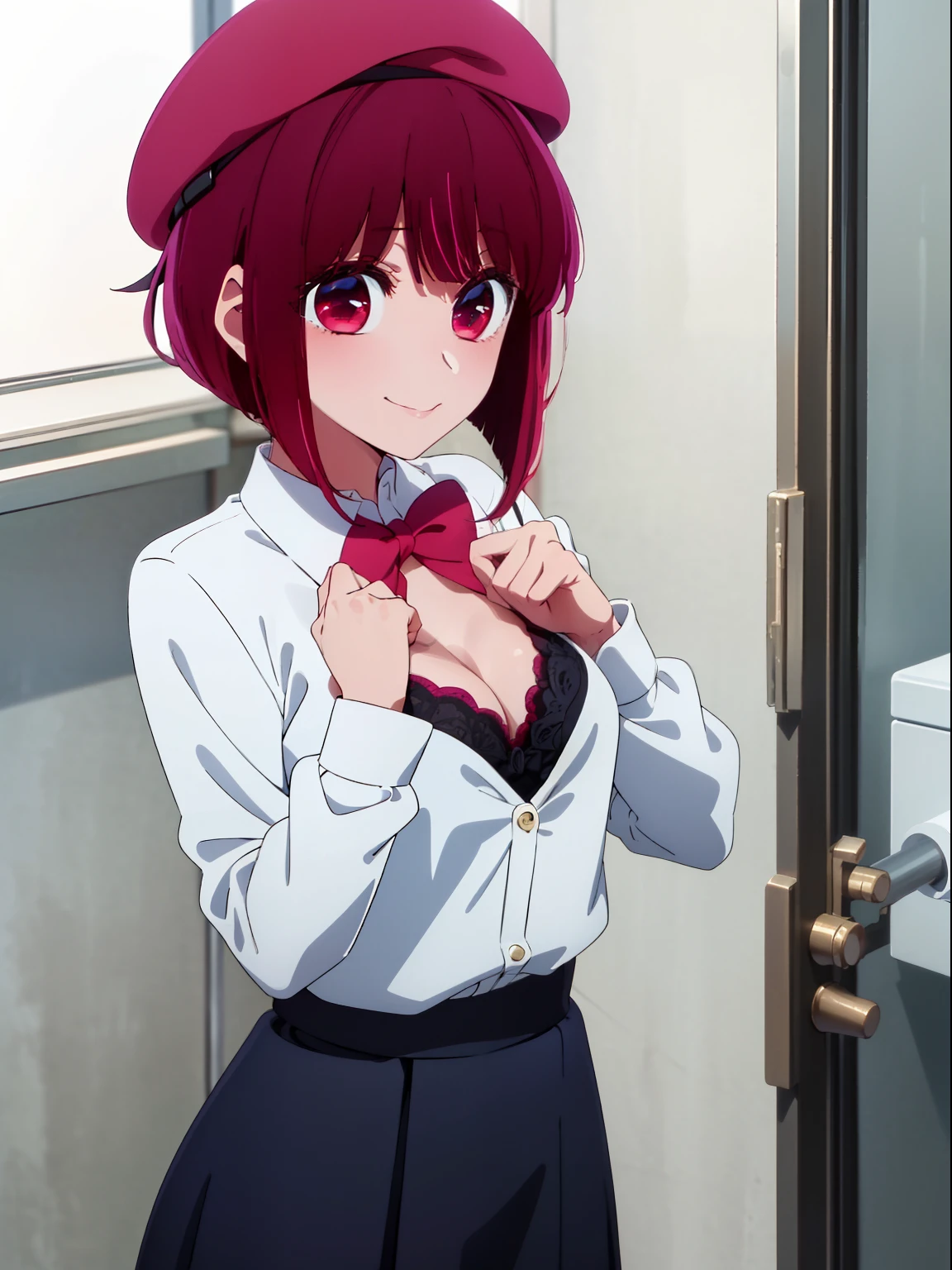 ​masterpiece、ighly detailed、(1 girl in:1.2)、Red hair、Learn uniforms、big eye、((a closeup))、A smile、8K、short-hair、(((anime styled)))、Shining eyes, school uniform, ((schools restrooms)), (leaning), skirt, beret, cleavage, small boobs, visible bra
