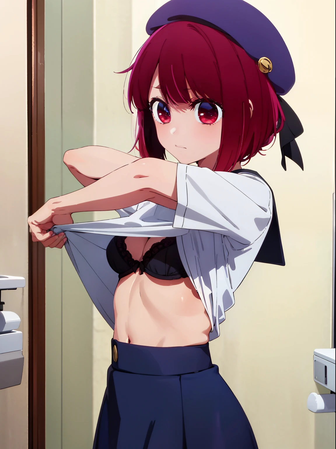 ​masterpiece、ighly detailed、(1 girl in:1.2)、Red hair、Learn uniforms、big eye、((a closeup))、8K、short-hair、(((anime styled)))、Shining eyes, school uniform, ((schools restrooms)), (leaning), skirt, beret, cleavage, small boobs, visible bra, ((undressing))