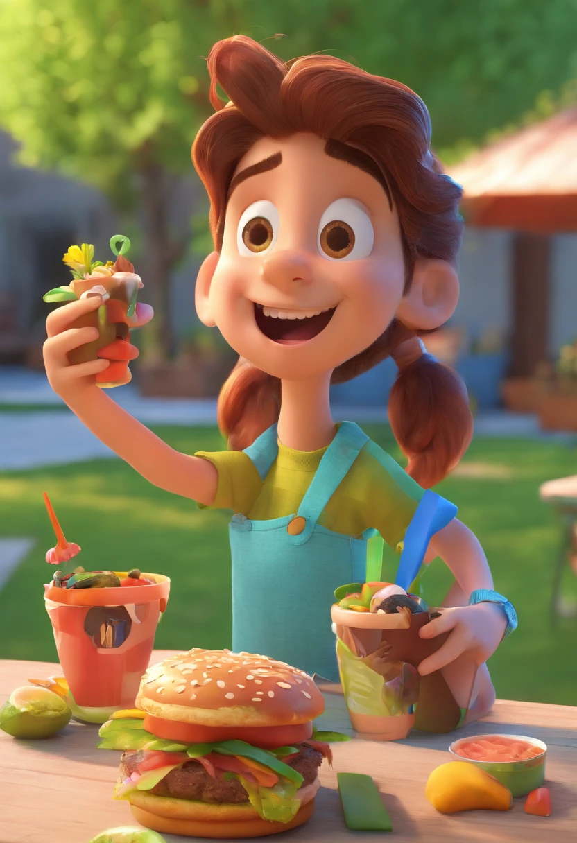 Estilo Pixar: Familia. A father in a green shirt eating hamburger, Black mother eating esfiha a 2 daughter with a bicycle eating açaí, A happy 7-year-old eatipizza and grandmother eating sushi. The puppy licking a popsicle, todos perto de uma mesa em um jardim colorido e alegre