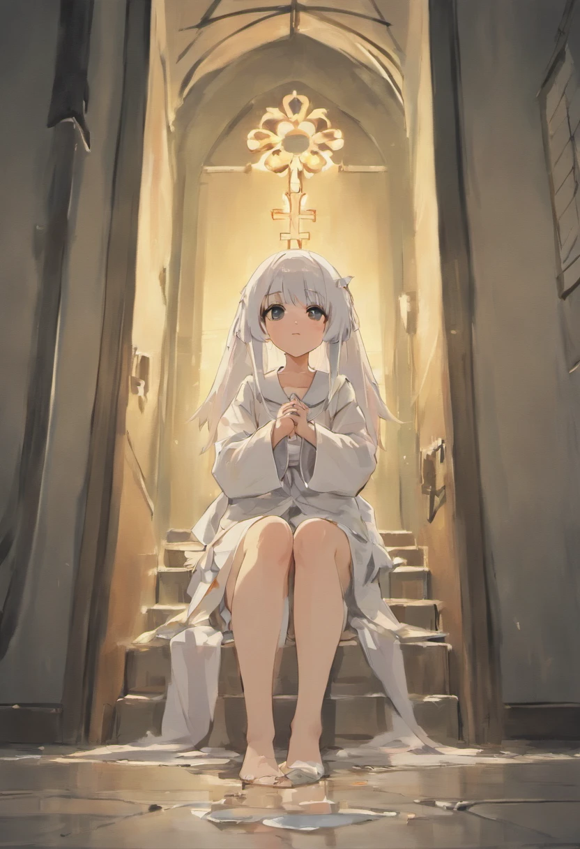 3 nun (in white panties peeing on the floor), Can of water on the floor, babando, Rezando, na cama, Candles and water on the ground, cabelo longo, cruz grande no colo, meia branca, Sem sapato, Praying with rosary on the floor, Anime style in high resolution