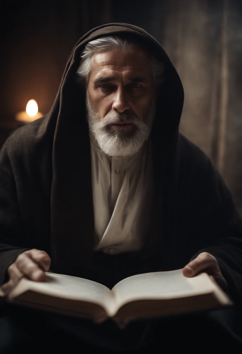 Hyper realistic, cinematic Face of a prophet holding an open book