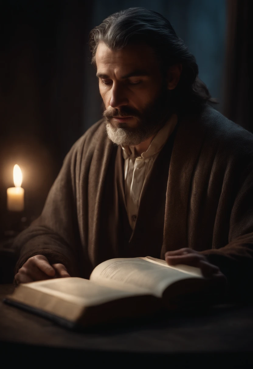 Hyper realistic, cinematic Face of a prophet holding an open book