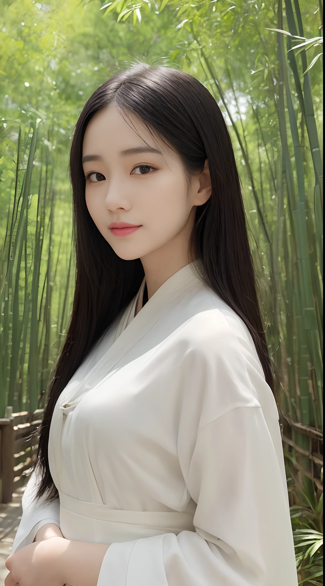 (Best quality,4K,A high resolution,Masterpiece:1.2),Realistic,White Hanfu,Long black hair,Beautiful detailed eyes,beautiful detailed lips,peaceful expression,Gentle smile,Hazy bamboo forest，ssmile,Semi-hidden paths,Dappled sunlight,tranquil ambiance,Traditional Chinese painting style,Vivid colors,Soft lighting