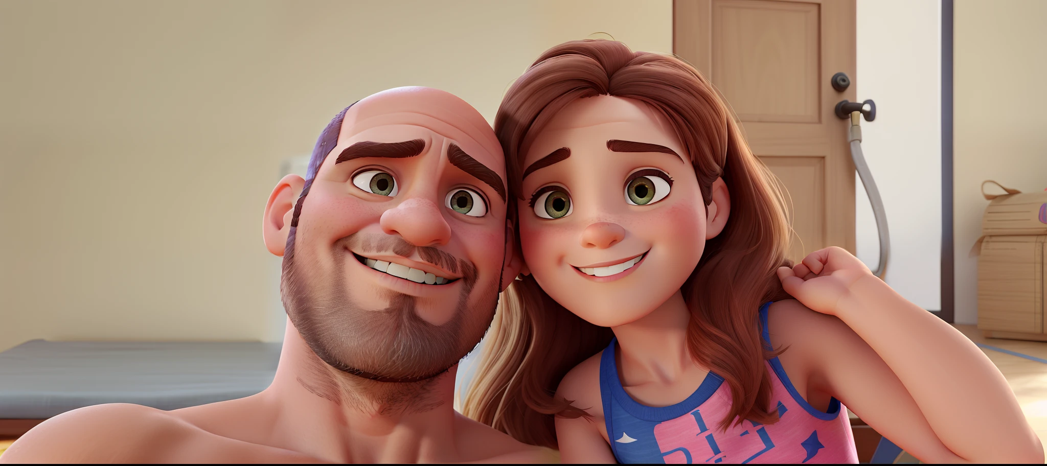 Casal, homem careca com barba, mulher morena clara, cabelos castanhos escuros longos, olhos levemente puxados