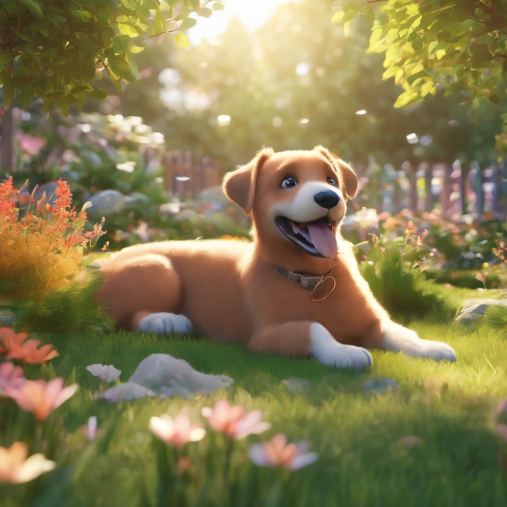 Lucas,a bright smiling fifteen-year-old boy, is lying in the garden with his loyal friend, Bolt, the schnauzer dog.medium,paintings,beautiful detailed eyes,beautiful detailed lips,strong pose,relaxing,timeless scene,playful sunlight,realistic,natural colors,masterpiece:1.2,ultra-detailed,soft lighting,gentle breeze,refreshing,sun-kissed,trees and flowers in bloom,peaceful atmosphere