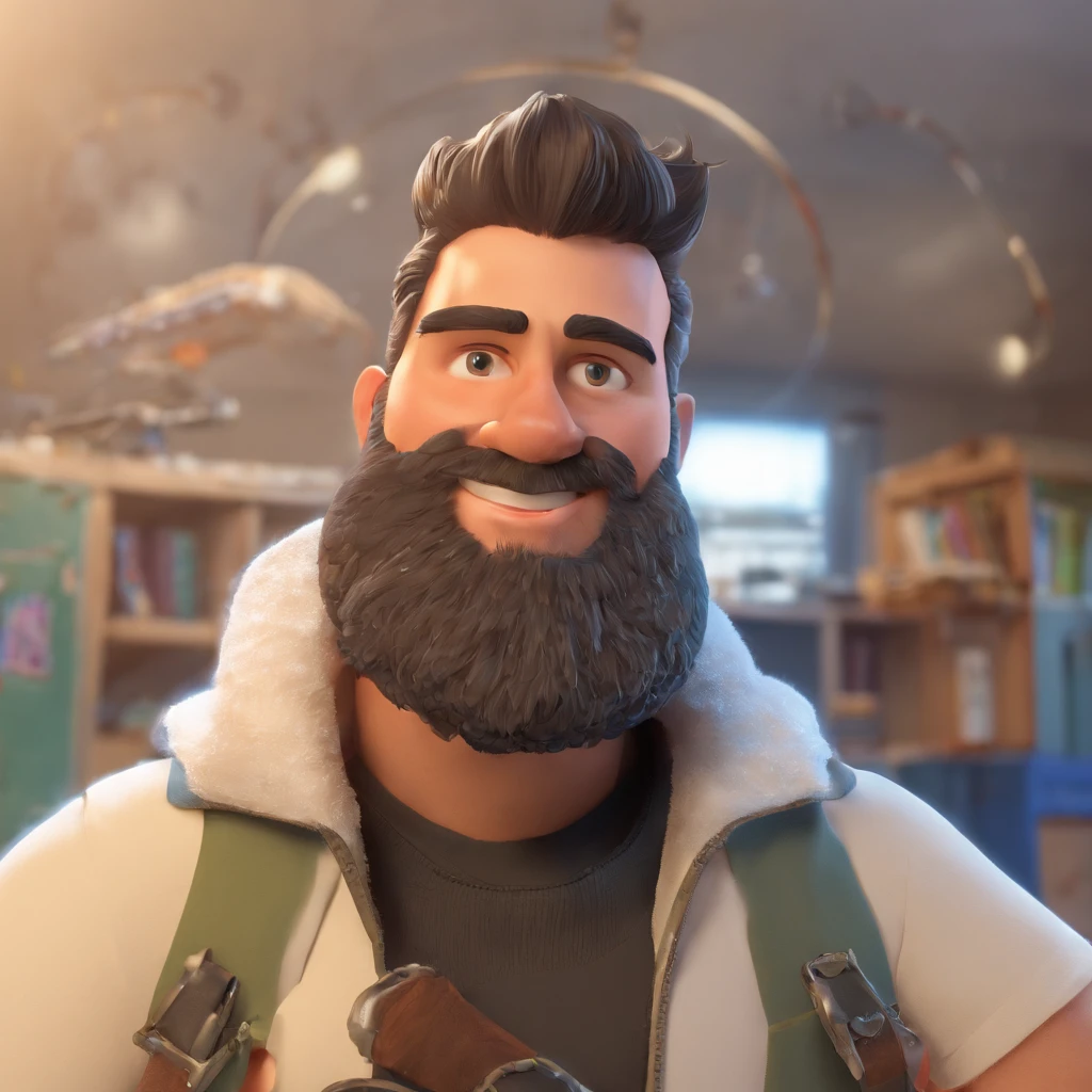 Criar um personagem no estilo Pixar. Trata-se de um homem de 30 anos, com barba, Branco, com cabelos castanhos curtos e um quiff, e olhos castanhos. Ele deve estar na frente de um computador, Trabalhar como designer