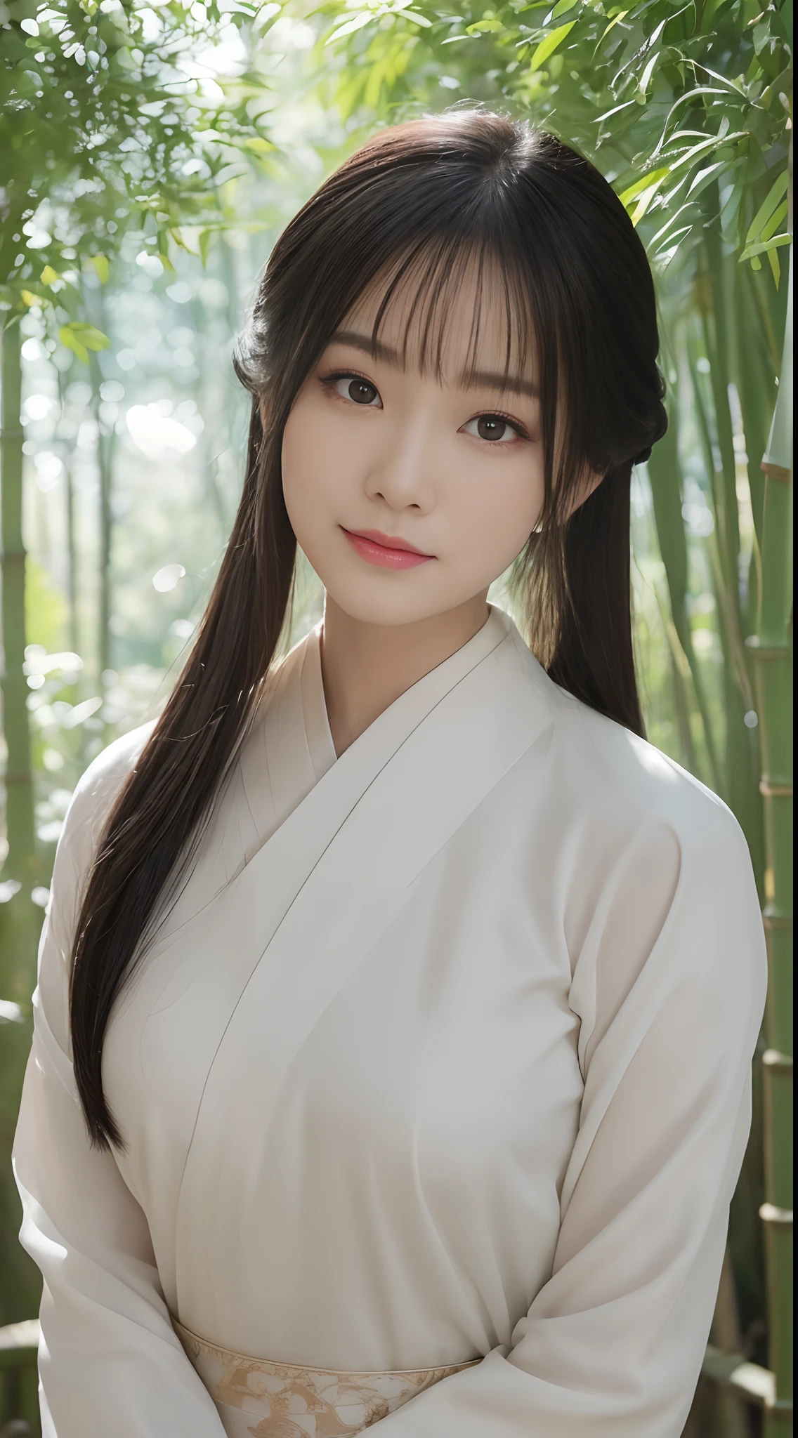 (Best quality,4K,A high resolution,Masterpiece:1.2),Realistic,White Hanfu,Long black hair,Beautiful detailed eyes,beautiful detailed lips,peaceful expression,Gentle smile,Hazy bamboo forest，ssmile,Semi-hidden paths,Dappled sunlight,tranquil ambiance,Traditional Chinese painting style,Vivid colors,Soft lighting