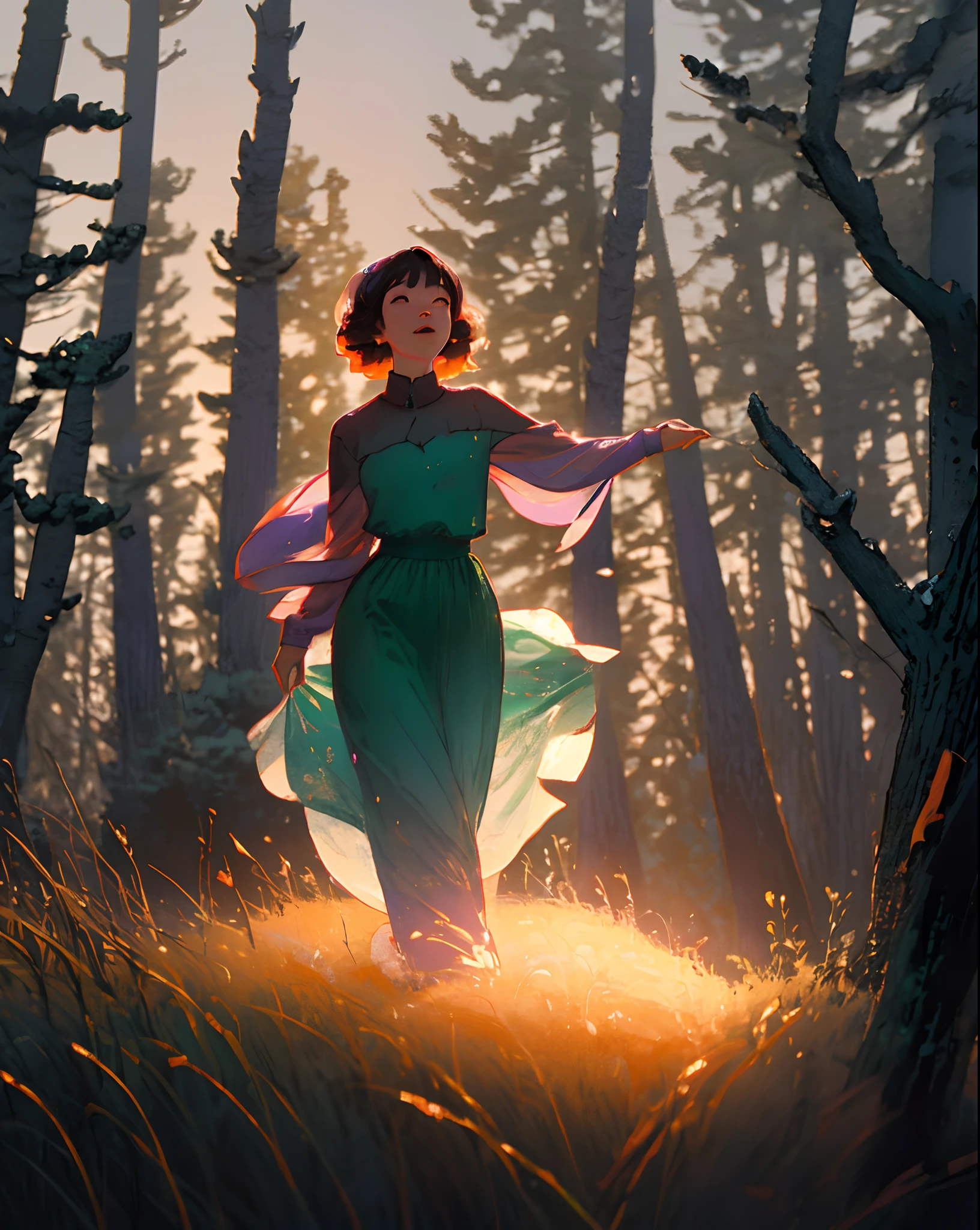 Female silhouette dancing under forest pines at dusk with purple and orange hues