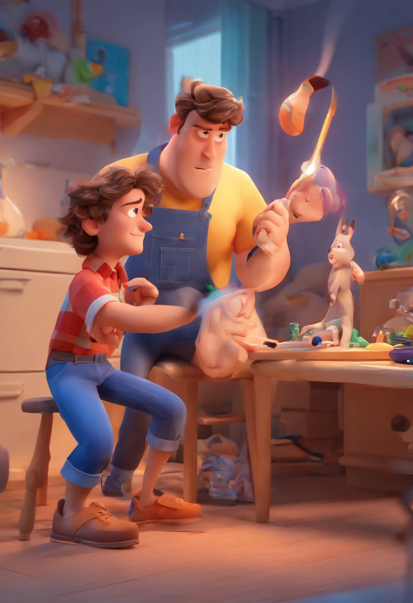 Estilo Pixar: The grown man is holding a naked blue-eyed boy and in his other hand he is holding a pair of scissors and is trying to cut off the boy's testicles,3D Poster,Disney