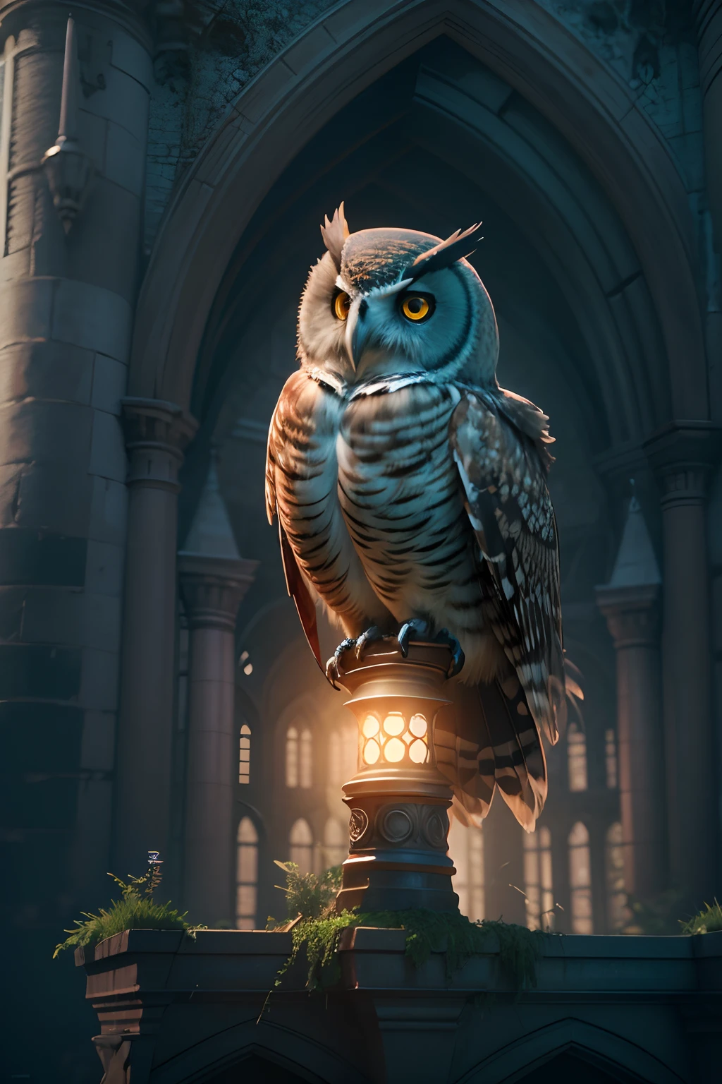 On the spire of the Gothic tower sits an owl，Close-up of owl，The background is lightning, radiant owl, glowing owl, 4K highly detailed magical digital art, Highly detailed fantasy digital artwork, Epic surrealist digital art illustrations, Highly detailed digital art, Beautiful digital artwork, Amazing digital art, 4K detailed digital art, trending on artstation 4k, 3 d epic illustrations