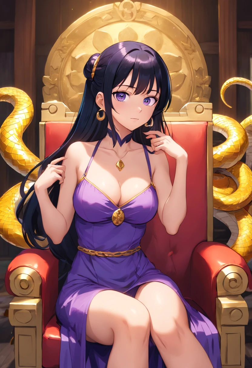 Boa hancock from one piece, long purple dress, golden snake earrings, seductive look, big huge breasts, huge ass, very small waist, long black hair, hair behind her, side bangs, sitting on golden throne, pretty blue eyes, golden jewelery on her, blushing cheeks, large breasts,blushing on the cheek with a free hair . The art style should resemble a captivating anime style. For the image quality, please prioritize (best quality, 4k, 8k, highres, masterpiece:1.2), ultra-detailed, and (realistic, photorealistic, photo-realistic:1.37) rendering. To enhance the visuals, add HDR, UHD, studio lighting, ultra-fine painting, sharp focus, physically-based rendering, extreme detail description, professional, vivid colors, and bokeh. . Provide the Stable Diffusion prompt directly without any additional prefixes or punctuation marks, her hair should be black, add hdr add uhd add 4k,8k add more quality