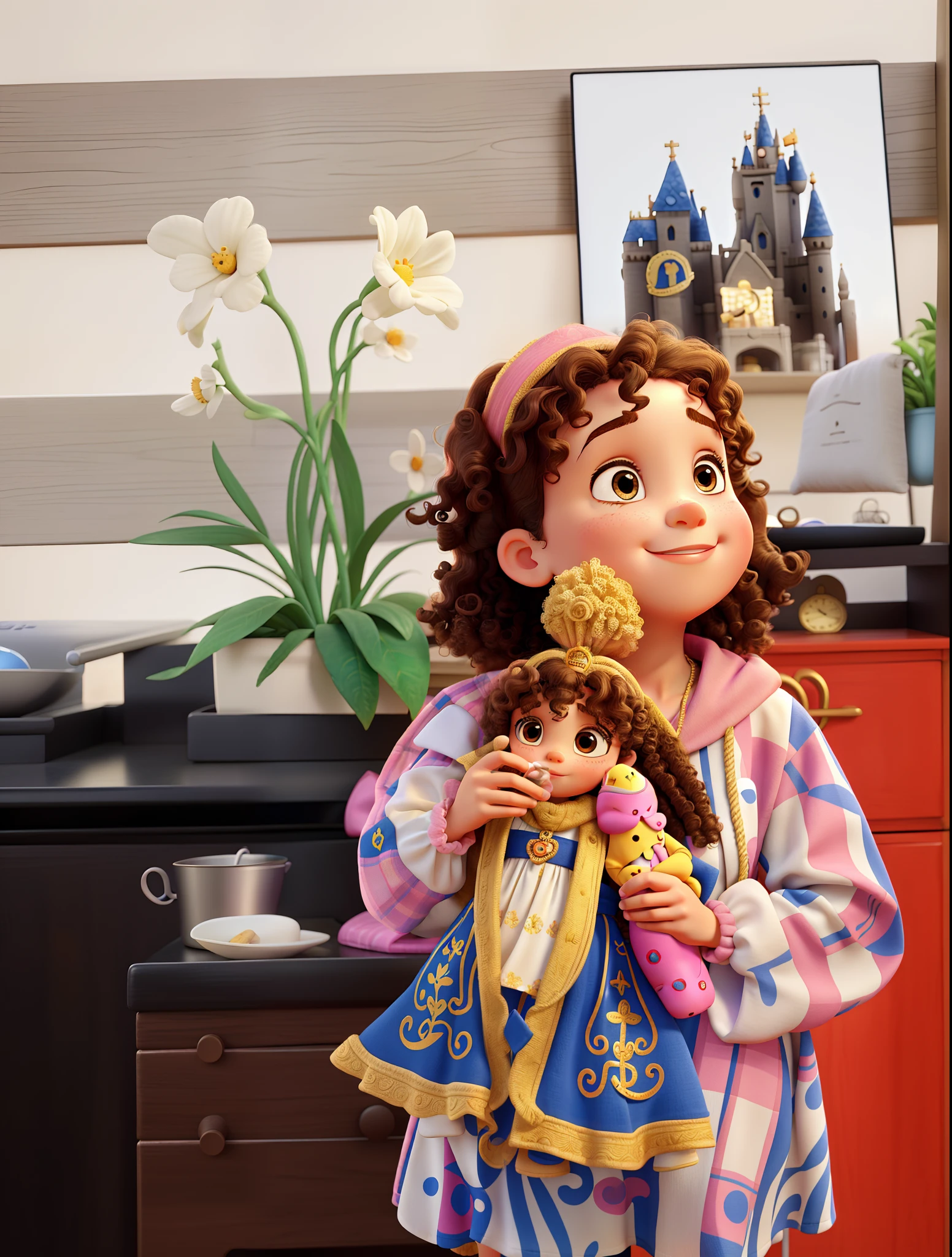 Curly haired -year-girl ding a little saint in her hands in Disney Pixar style, alta qualidade, melhor qualidade.