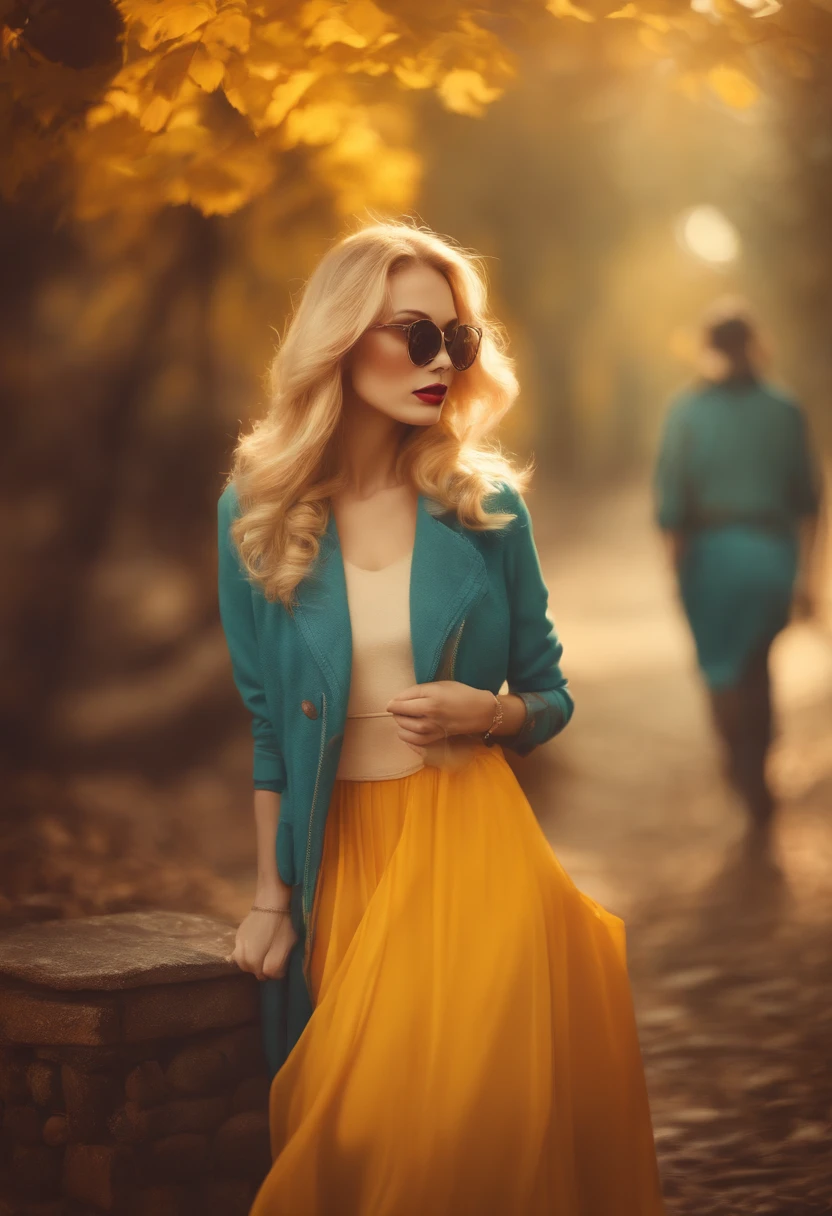 (((Lots of color filters+Vintage effect:1.2+retro style)), hiquality, Detailed drawing, Impressive illustration, beautifull details), Dynamic composition, Bright colors, Magical atmosphere, mysterious aura, Mysterious light, Girl in stylish clothes, Bright make-up, (yellow hair strokes), Fantastic backstory, magnificent details, Dreams and inspiration.